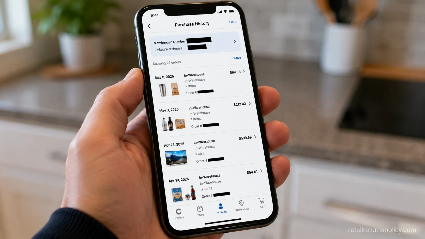 Costco app purchase history linked to a membership number for no-receipt returns