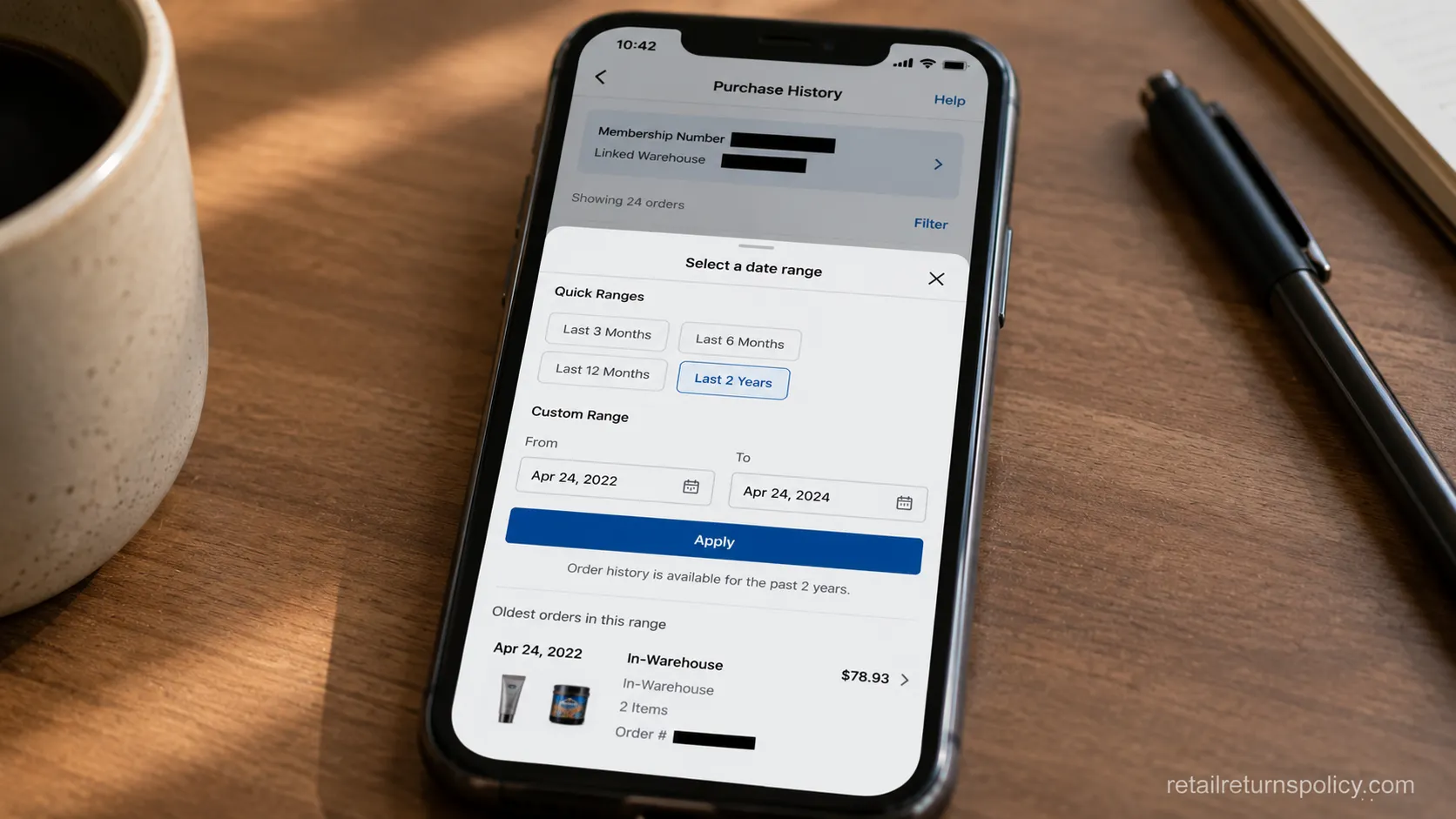 Costco app showing about two years of warehouse purchase history for no-receipt lookups