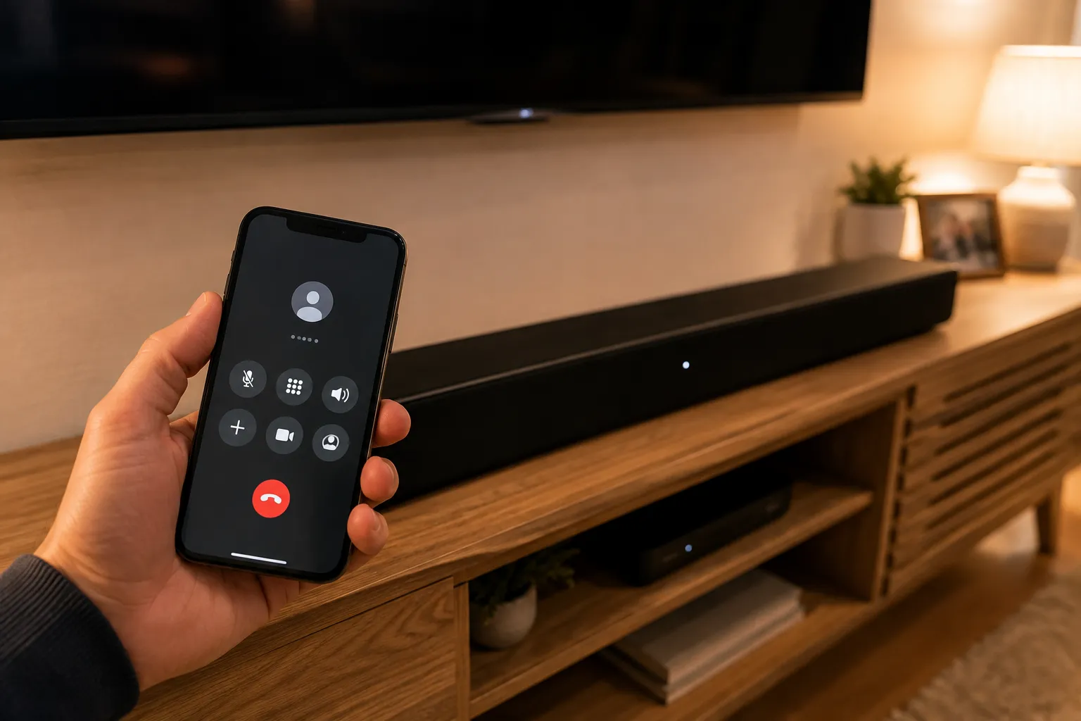 Phone showing a support call held over a soundbar, illustrating Costco Concierge tech support resolving an issue without a return.