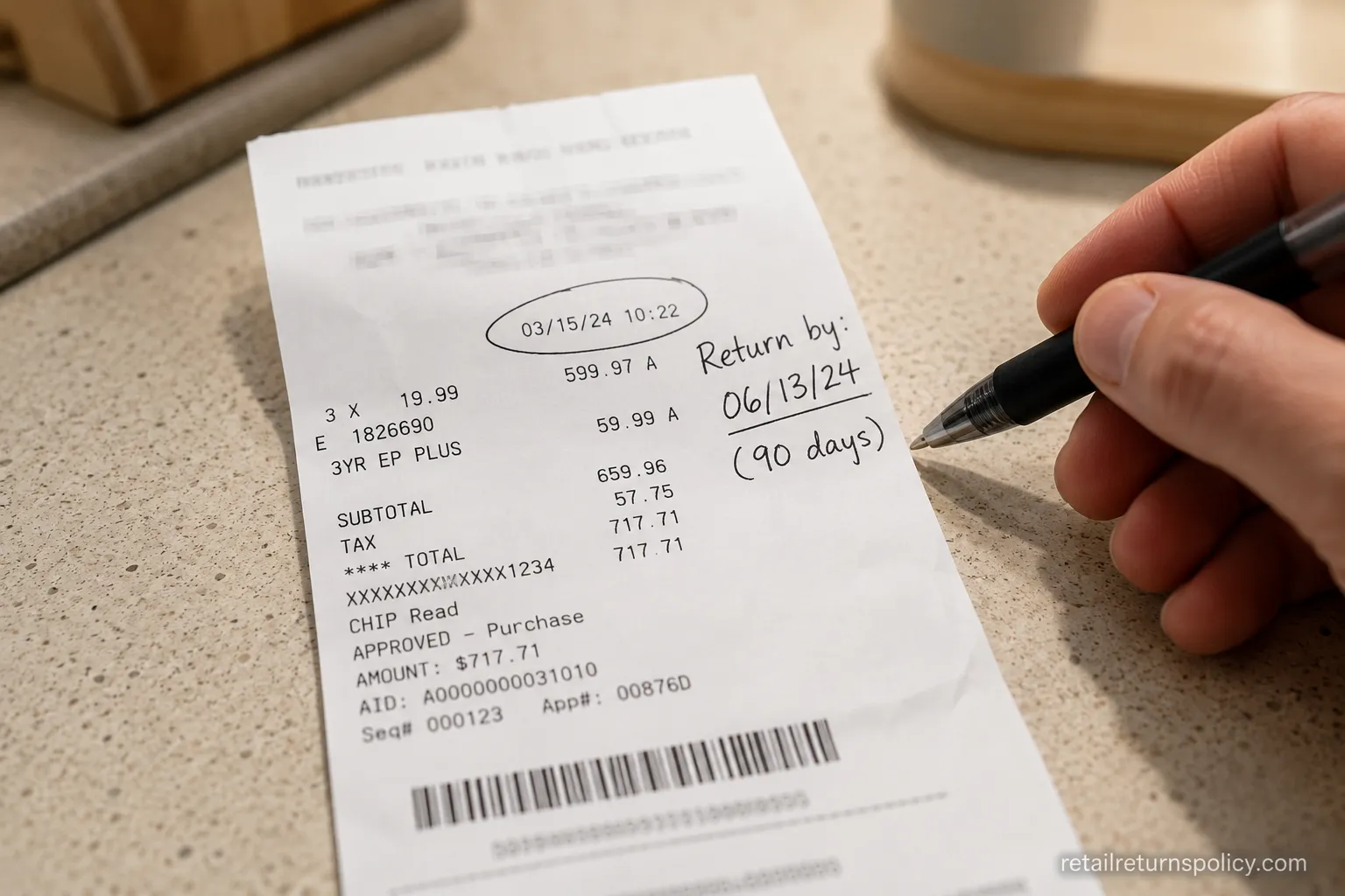 Costco receipt with the purchase date circled, showing the 90-day electronics return-by date.