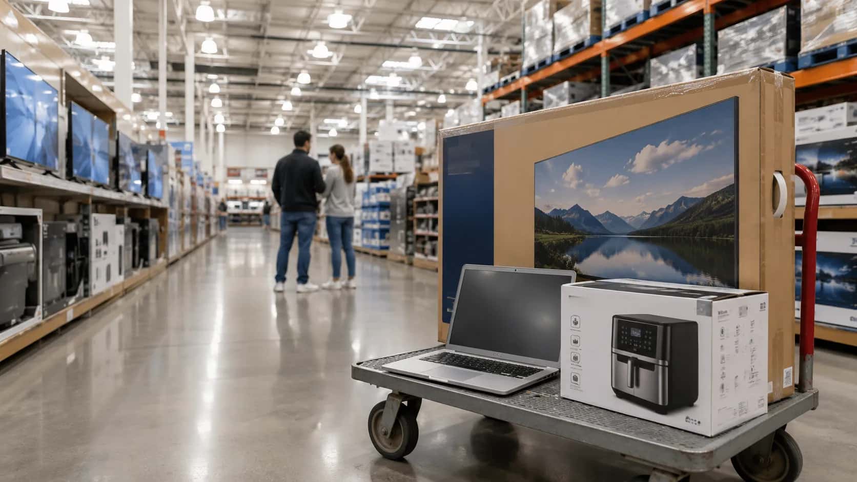 Costco electronics aisle with a TV, laptop and boxed appliance on a cart, illustrating the 90-day exchange policy.