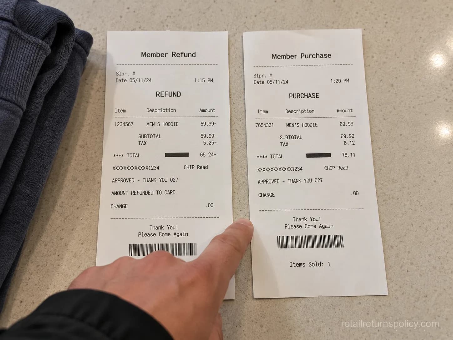 A Costco exchange done as a return and a separate repurchase, shown by two receipts.