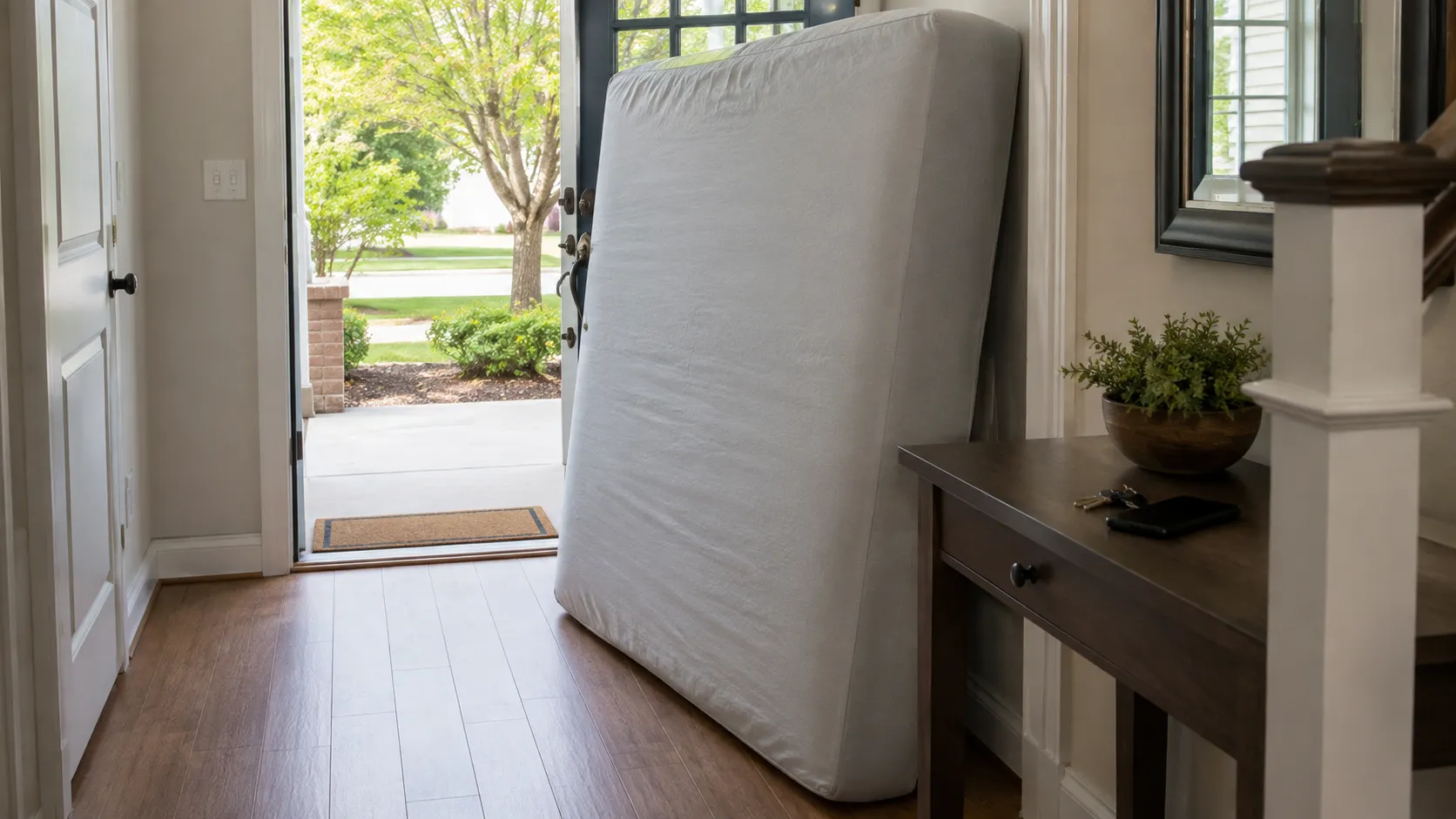 Unboxed Costco mattress staged at a front door for a free freight pickup return.