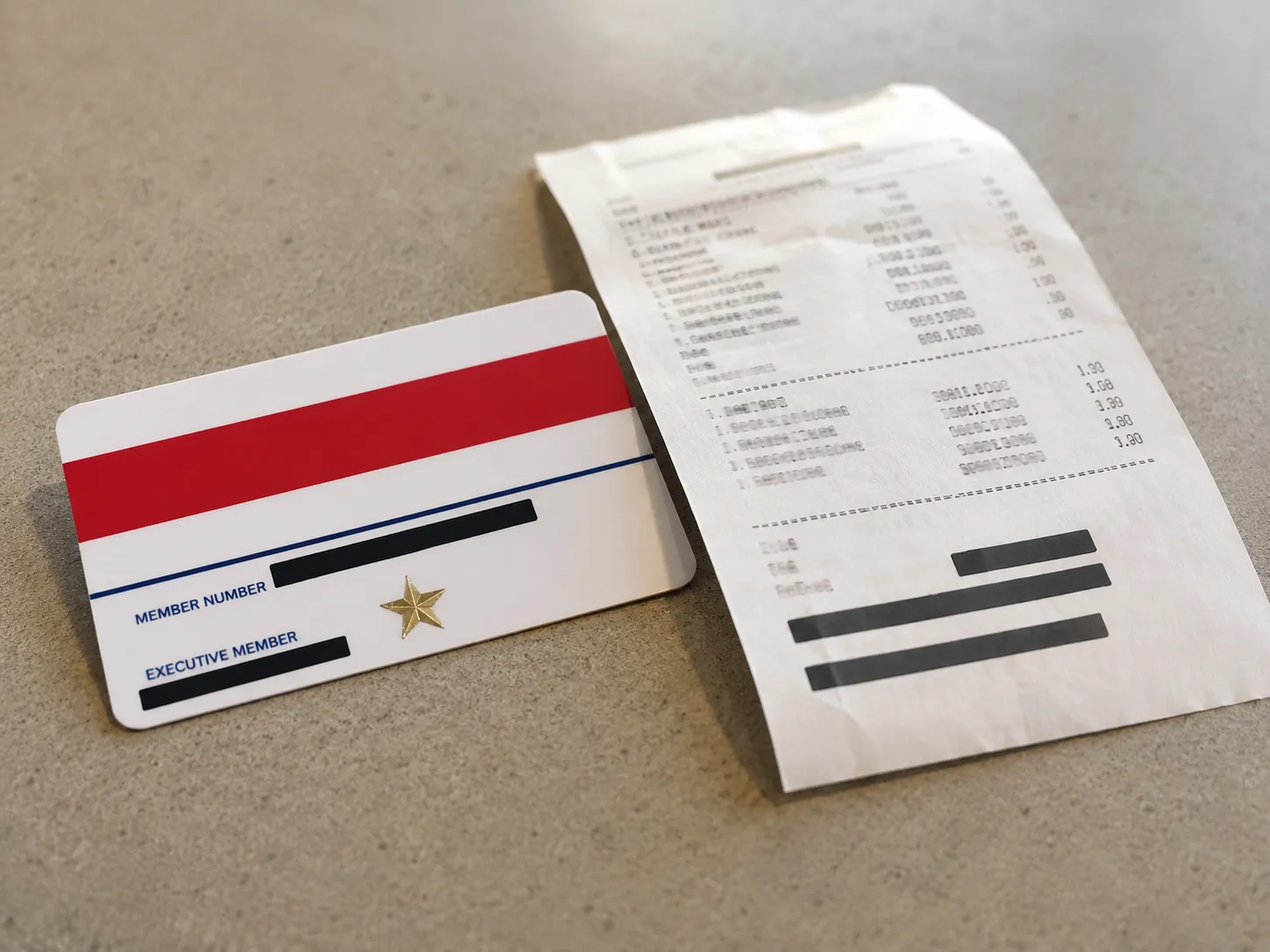 Generic warehouse membership card beside a recent returns receipt with redacted details, illustrating a documented four-year return history.