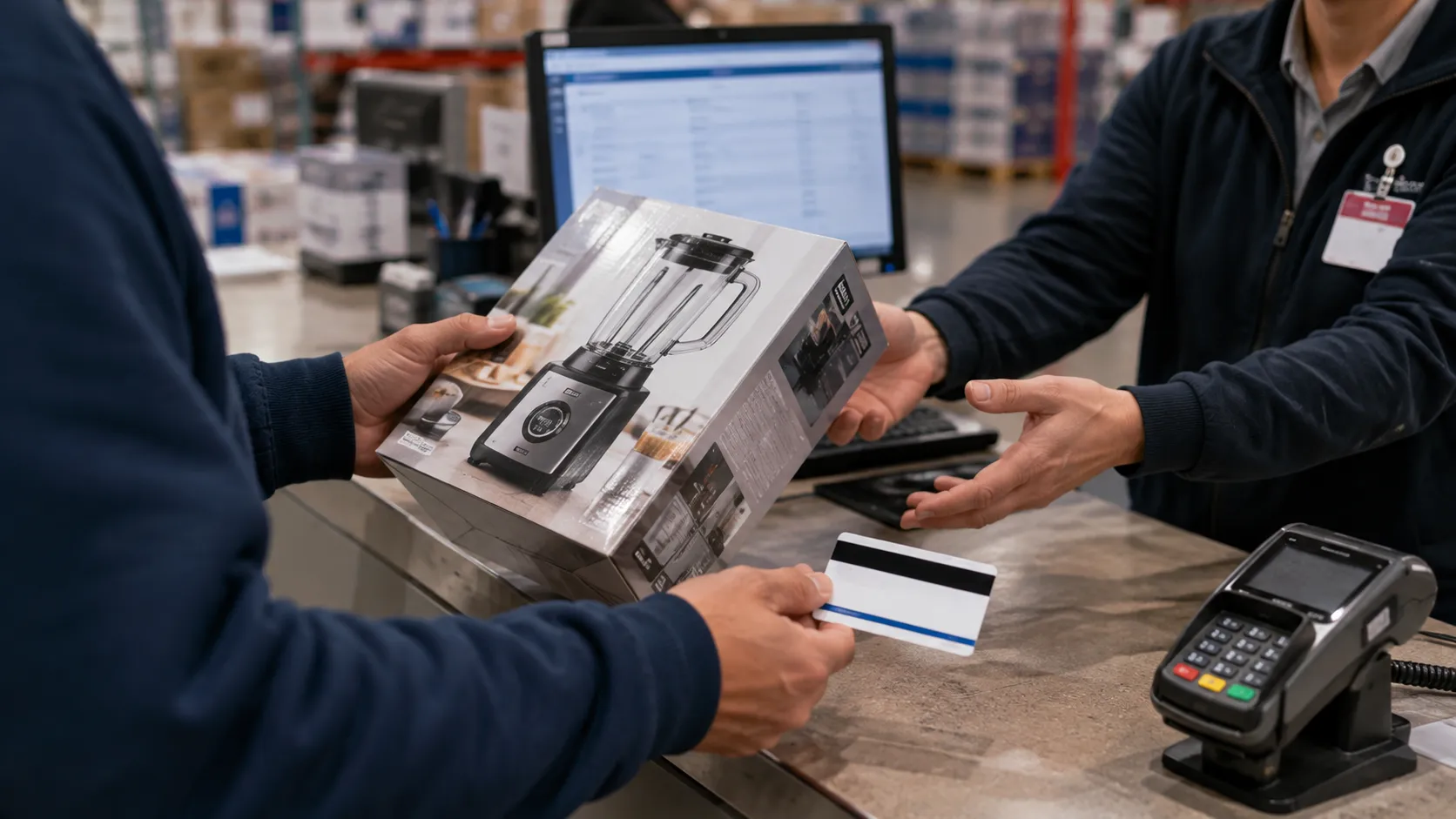 Costco no-receipt return handoff at the counter with a membership card and boxed item