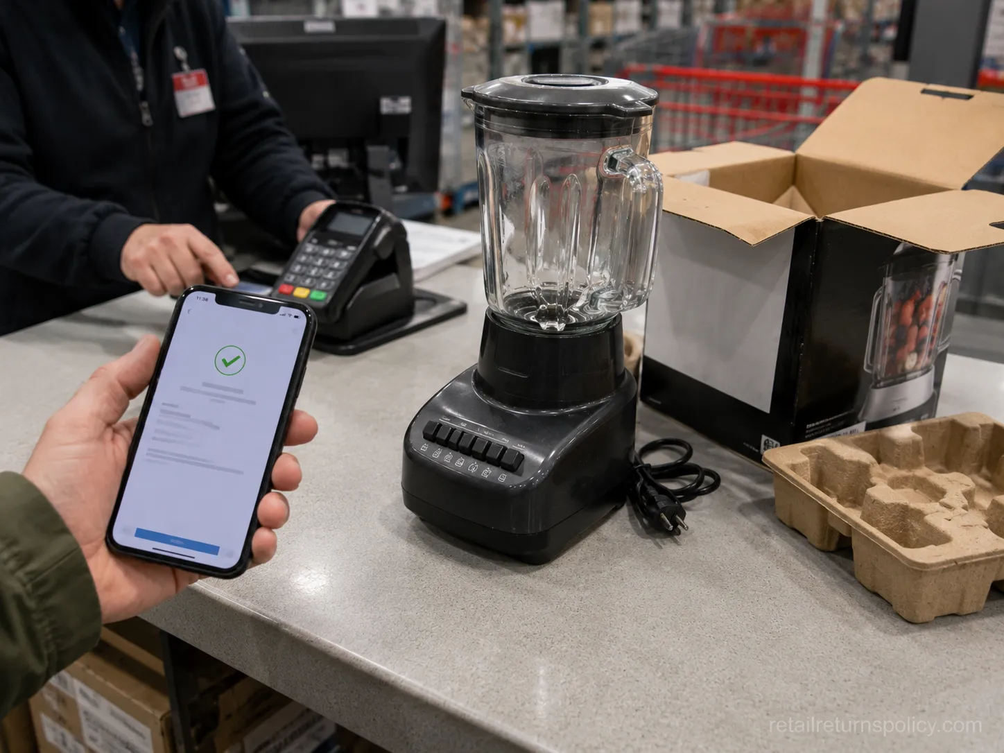 Opened blender returned to Costco with no receipt and refunded to the original card in minutes.