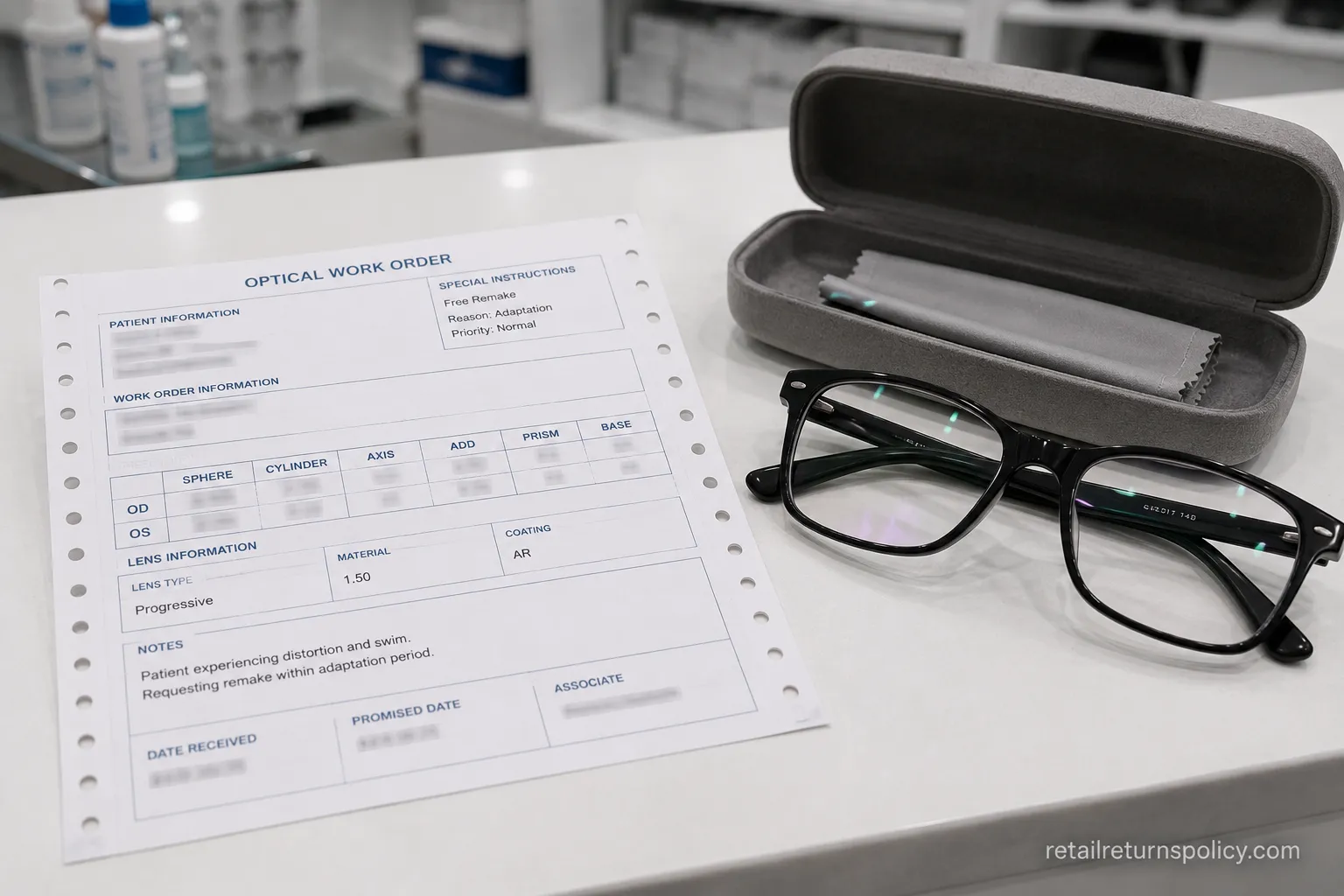 Optical work order beside progressive glasses on a counter, showing a free Costco Optical lens remake within the window.
