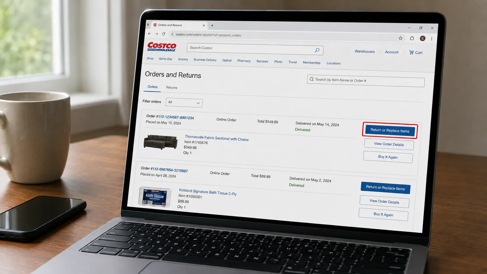 Costco.com Orders and Returns screen used to start an online order return.