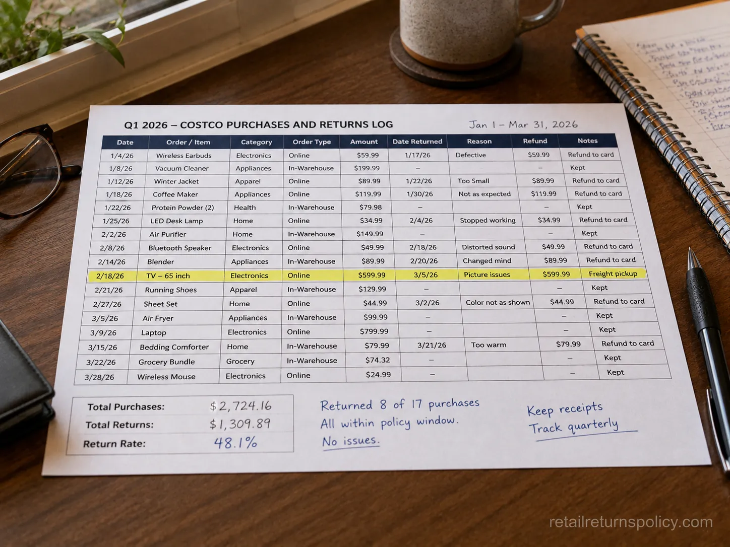 A shopper’s Costco return log showing a normal, unflagged return rate across a quarter.