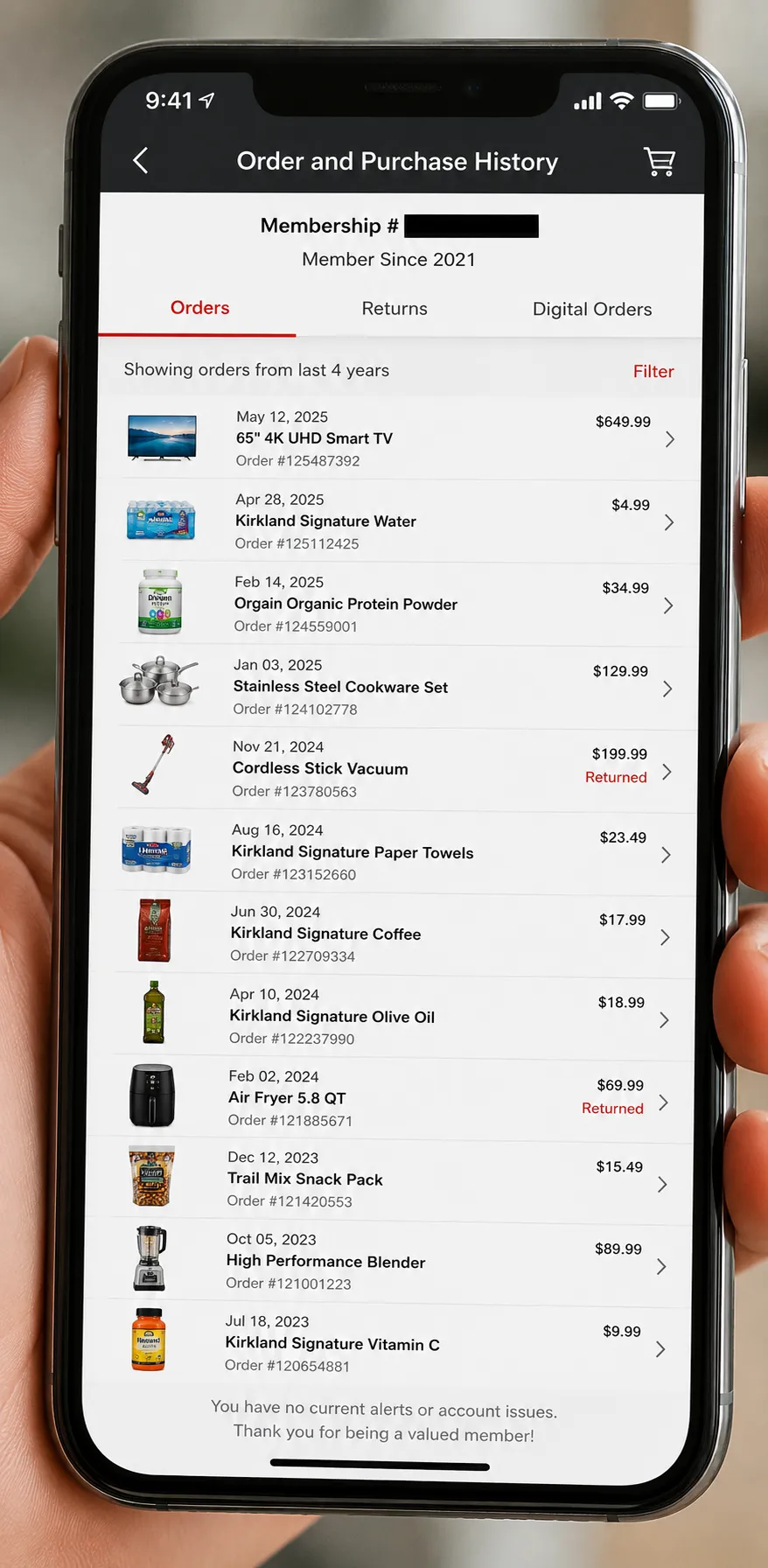 Representative smartphone app purchase and return history showing four years of orders with a few routine returns and no account warning or restriction, with the membership number redacted