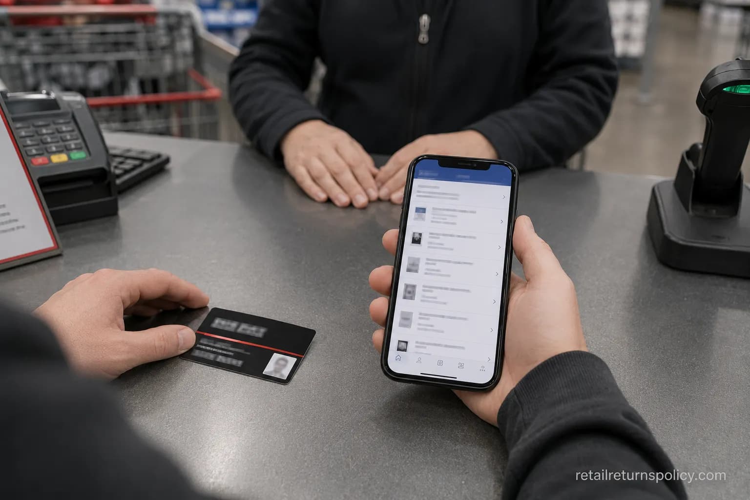 Membership card and phone with purchase history at a returns desk, showing how a Costco return ties to the purchasing membership.