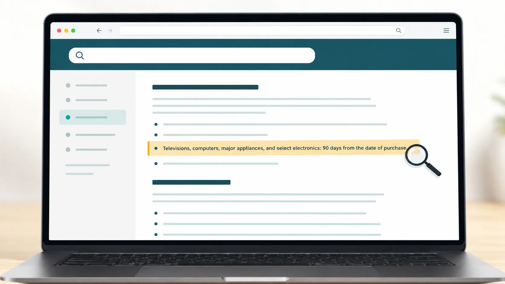 Illustration of a generic return-policy help page on a laptop with one policy line highlighted and a magnifying glass emphasizing the electronics 90-day return exception.
