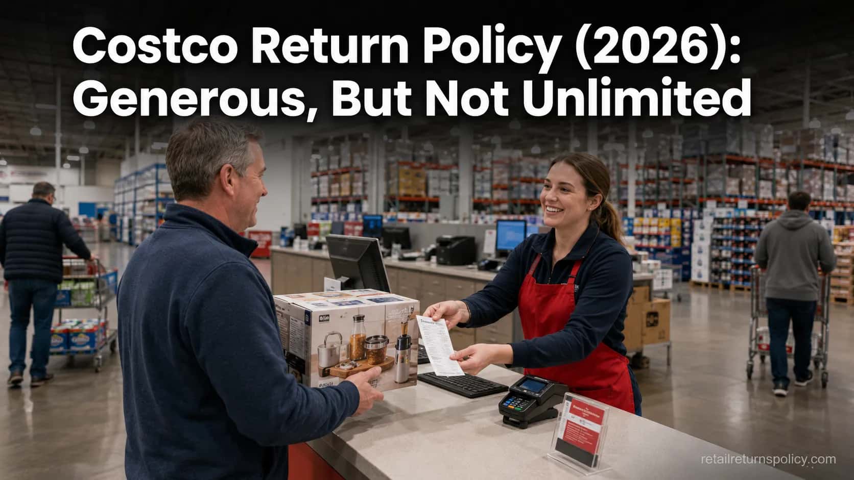 Costco return policy 2026 shopper returning a boxed item at the member services counter for a refund.