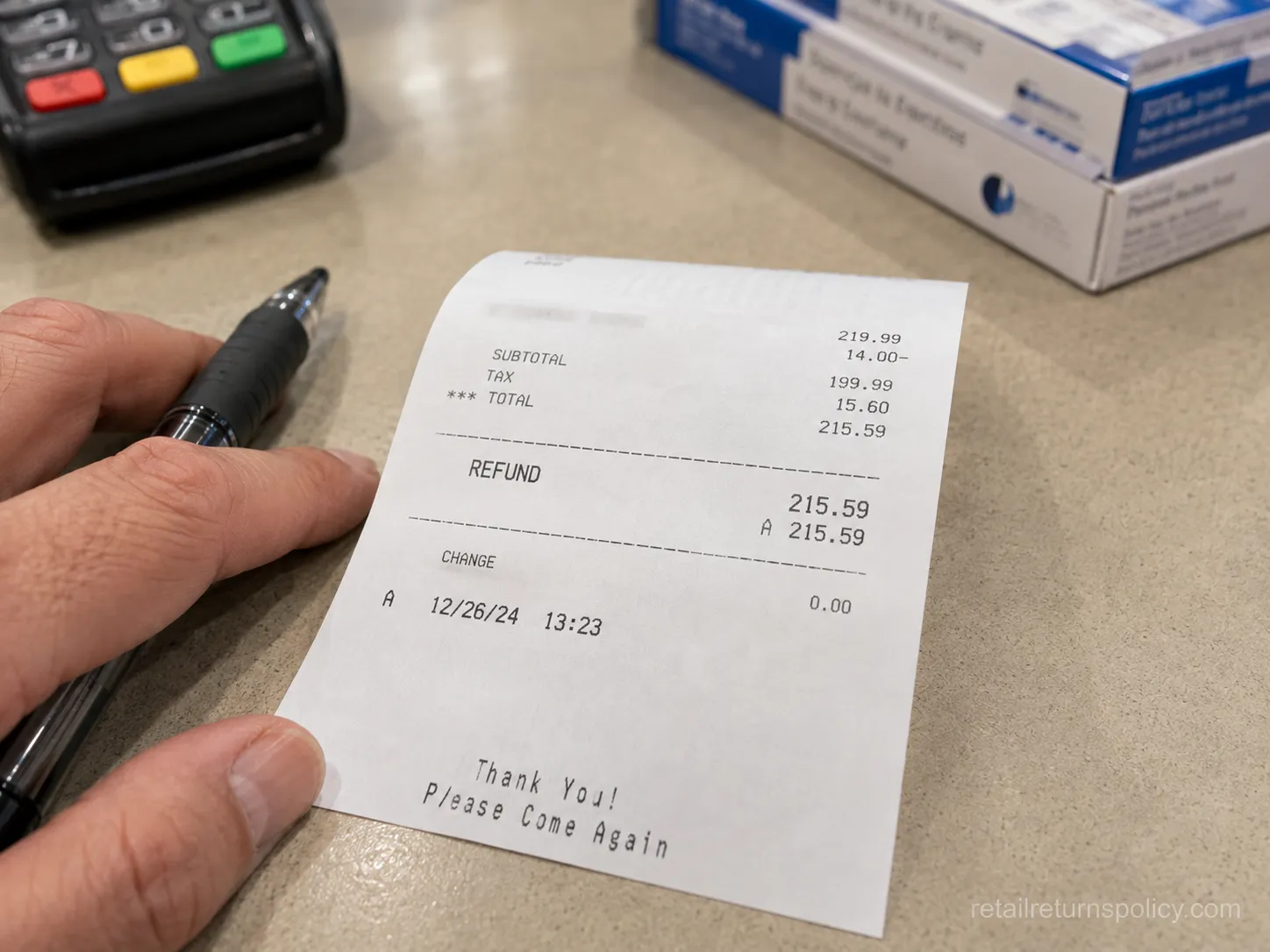 Costco refund receipt on the member services counter after a no-receipt return.
