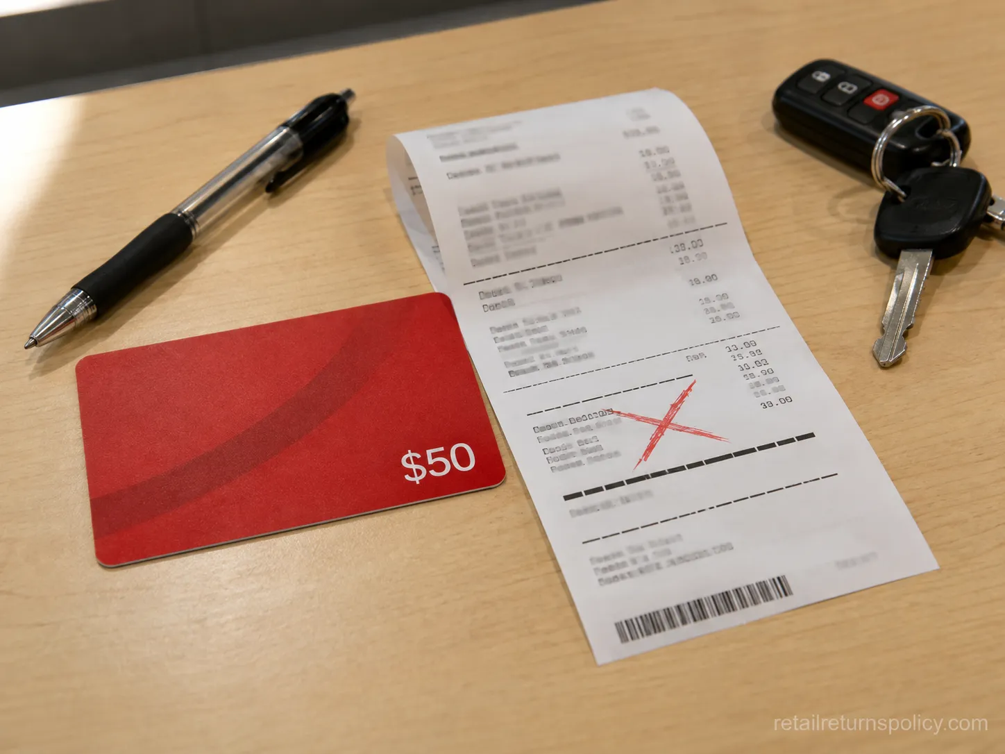 A fifty dollar Costco Shop Card next to a receipt showing a declined return request