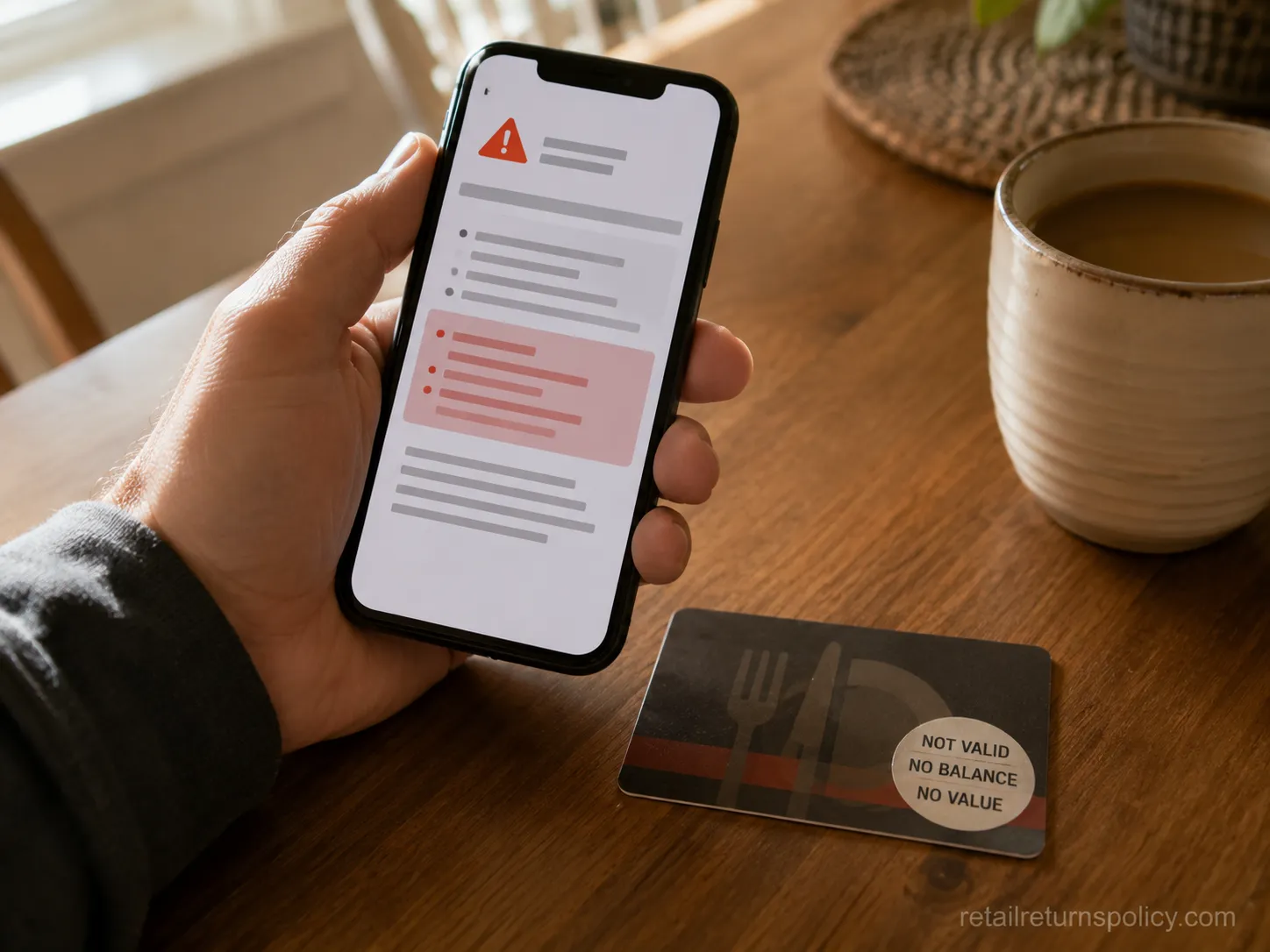 Hand holding a phone showing a Costco recall notice next to a defunct restaurant gift card.