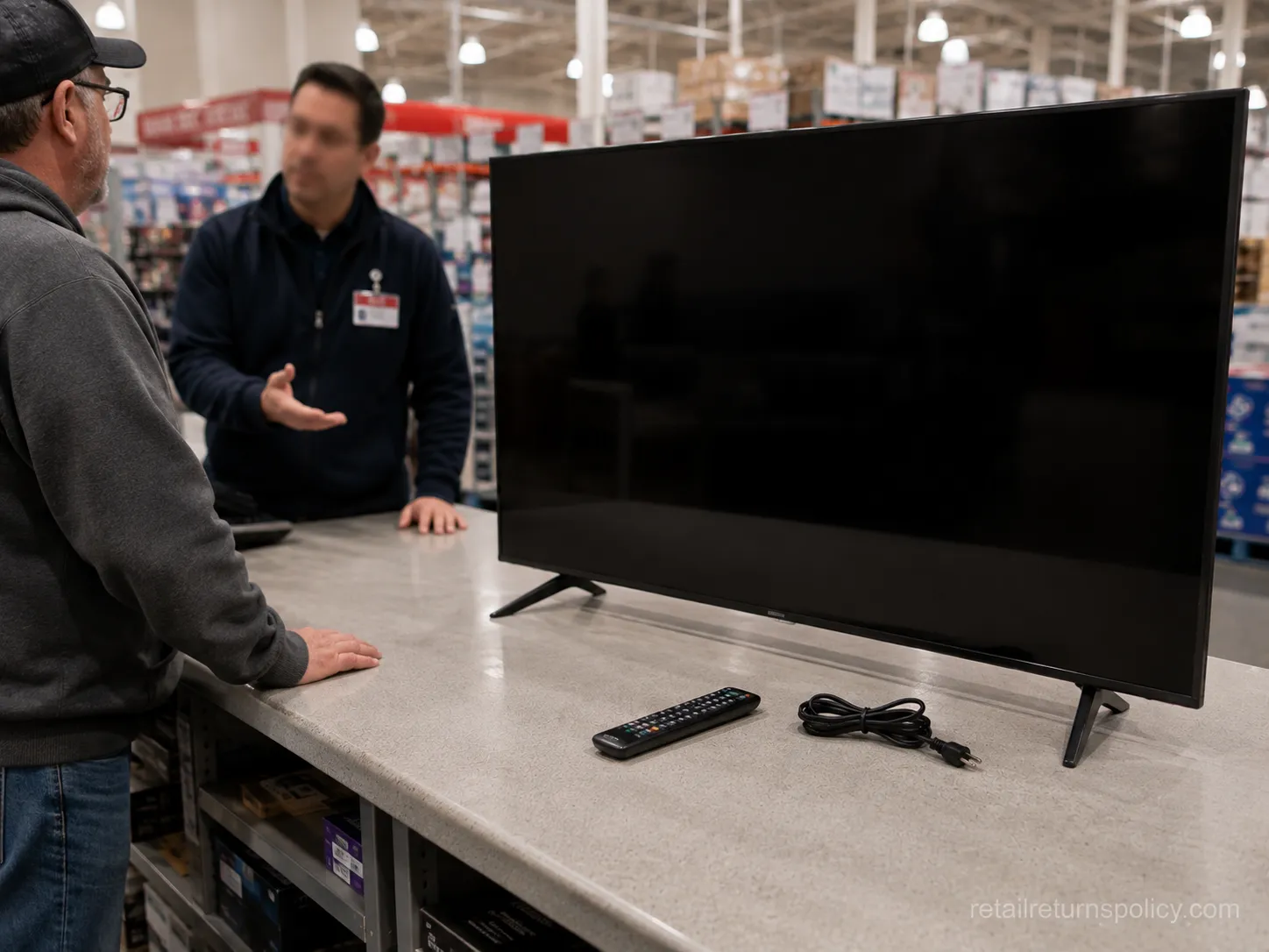 A 65-inch TV returned to Costco within the 90-day electronics window with just the remote and power cord.