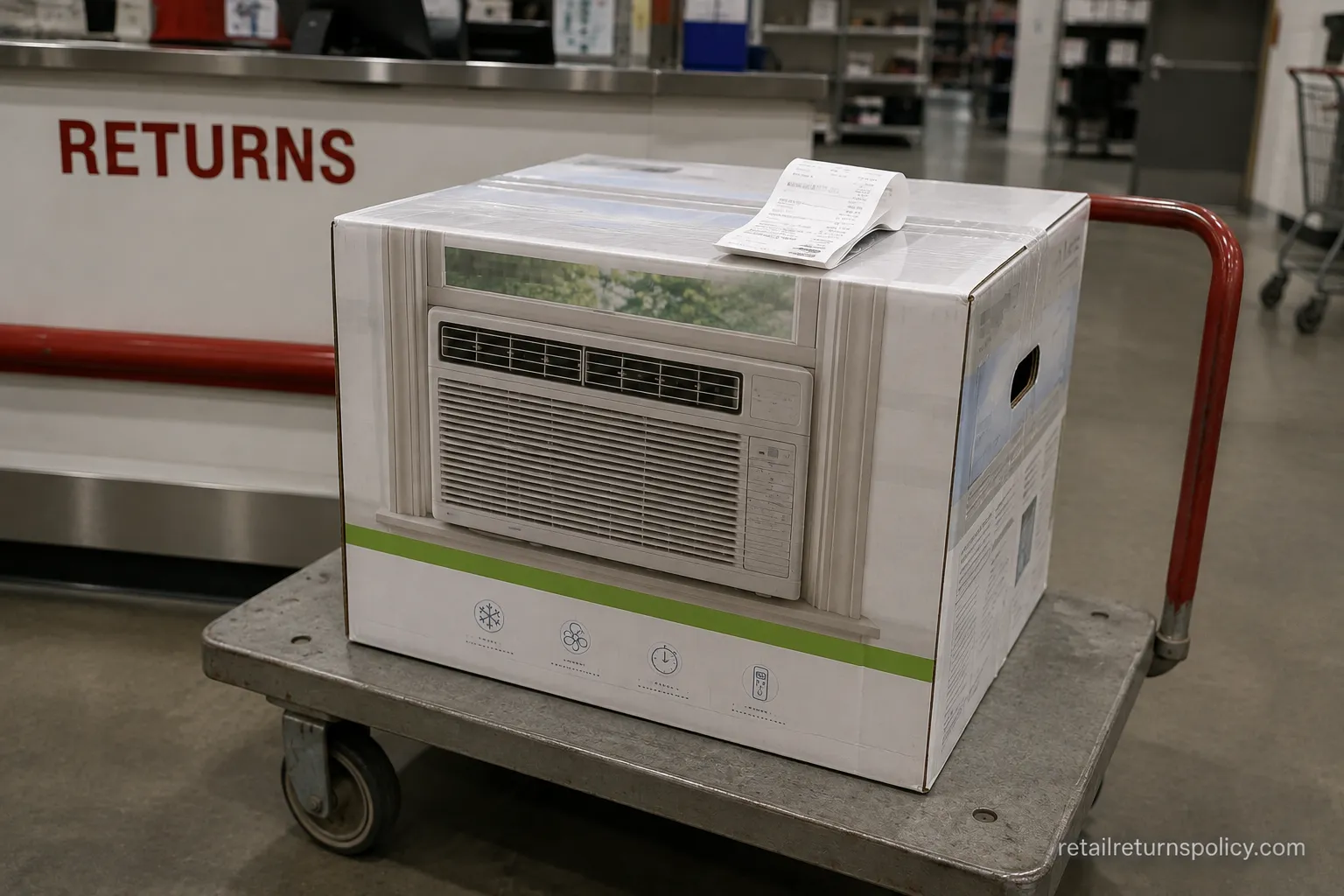 Boxed window air conditioner on a cart with a receipt, showing it can be returned after 90 days under the satisfaction guarantee.
