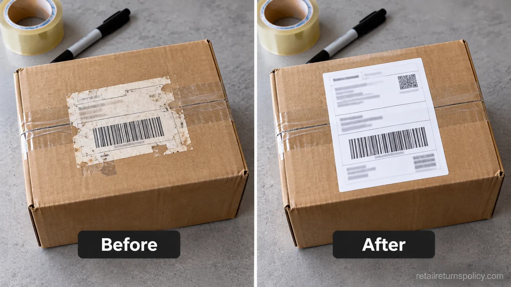 Before and after of a return box with the old shipping barcode covered.