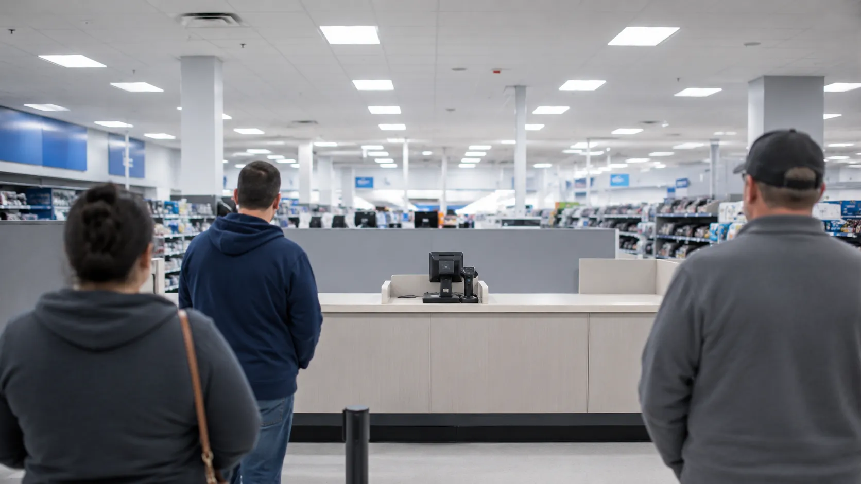 Customer service desk inside a large American discount store with shoppers waiting in line for an in-store electronics exchange at a generic retail returns counter with no visible branding.