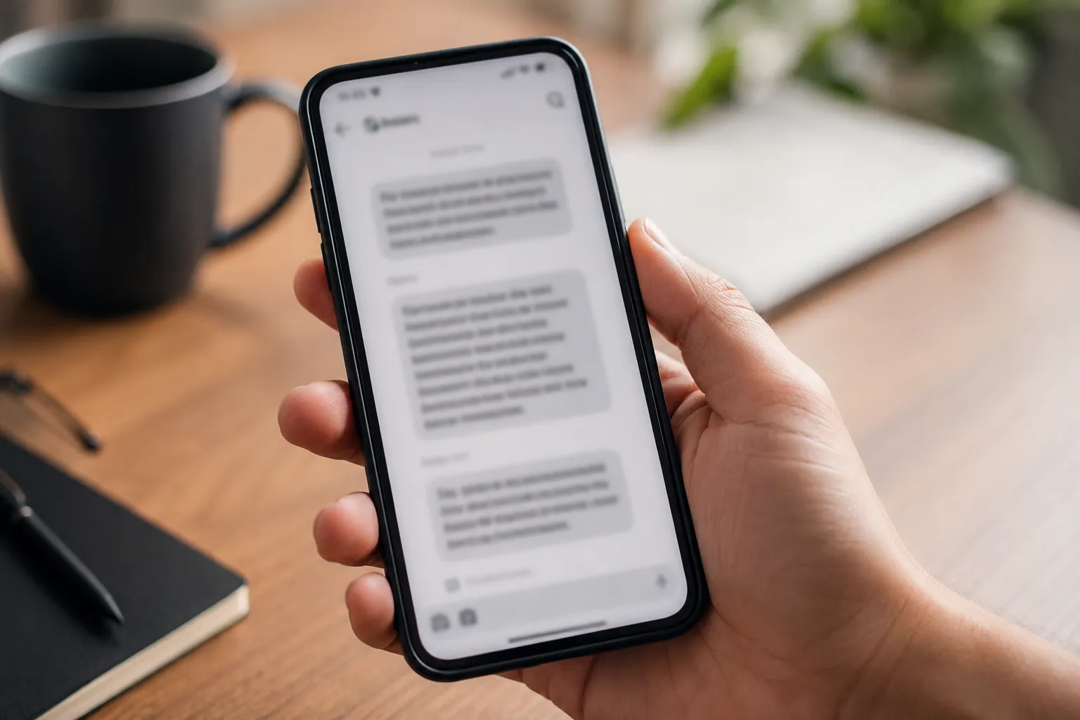 Hand holding a smartphone above a wooden desk showing a blurred customer service reply about a satisfaction return period, with a coffee mug and notebook softly out of focus in the background.