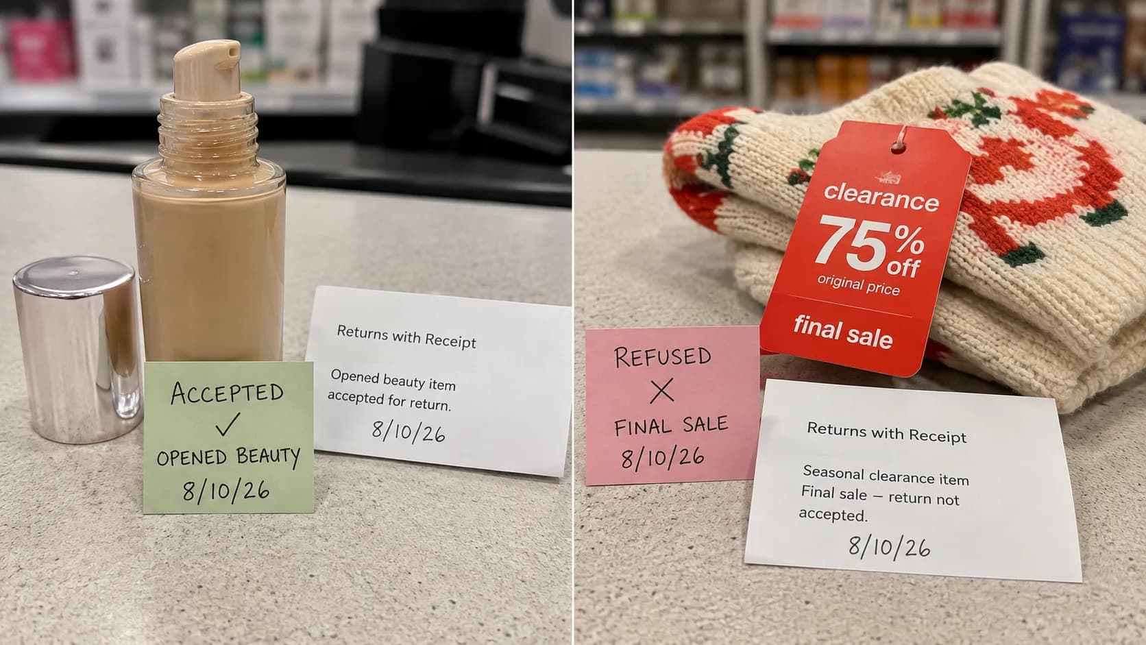 Opened beauty product accepted for return beside a refused clearance final-sale item at CVS.