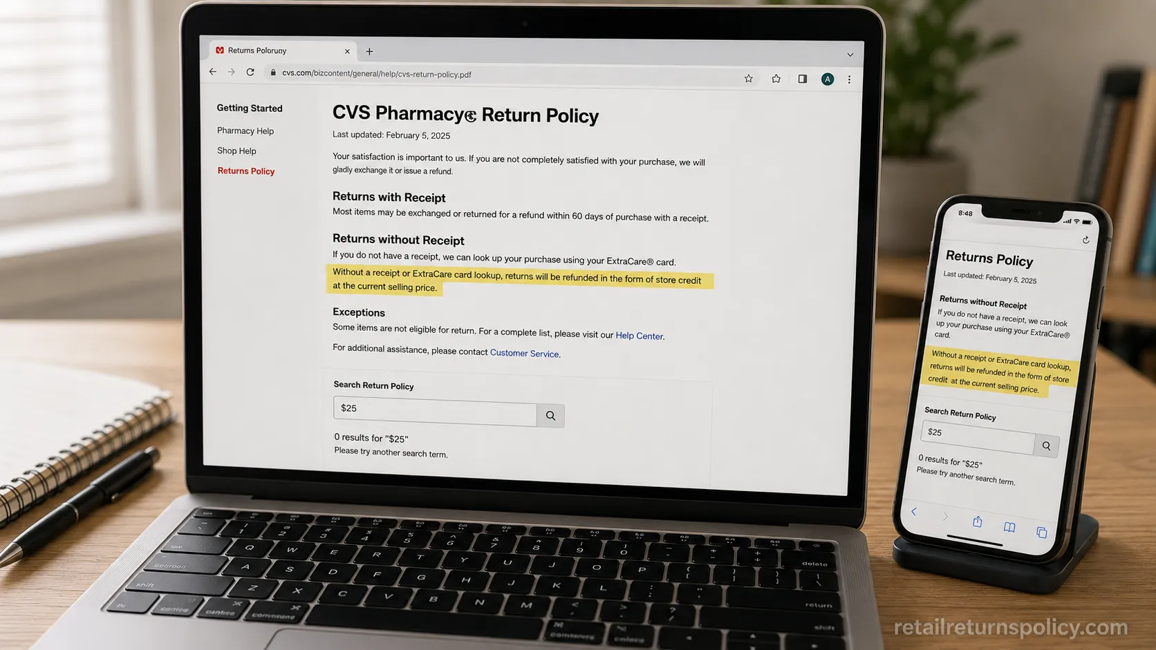 CVS official return policy page showing the no-receipt store-credit rule with no dollar cap.