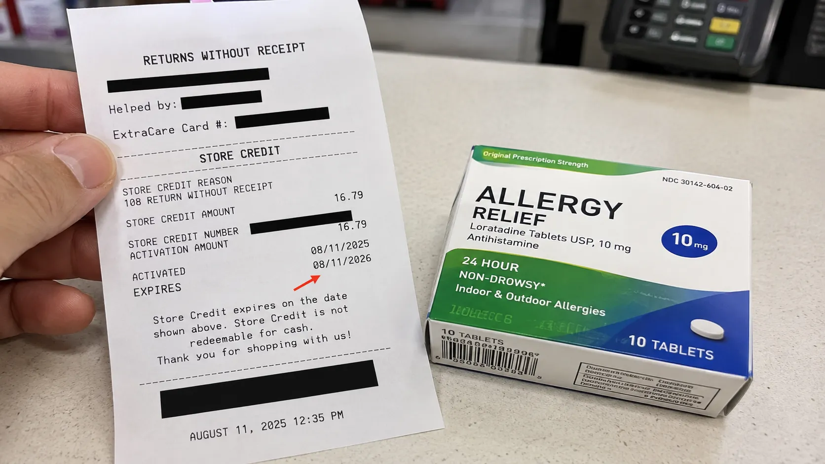CVS store-credit slip issued for a return without a receipt next to the returned item.
