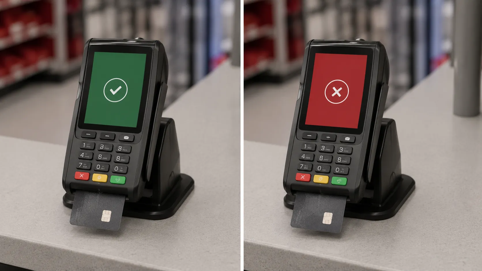Side-by-side illustration of the same retail payment terminal showing one accepted card transaction and one declined transaction on day 104, with no branding or readable screen text.