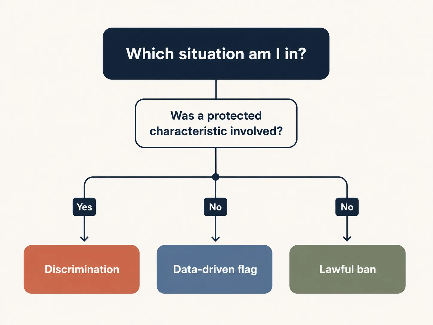 Decision tree infographic titled "Which situation am I in?" branching from a protected characteristic question to three outcomes: Discrimination, Data-driven flag, and Lawful ban.