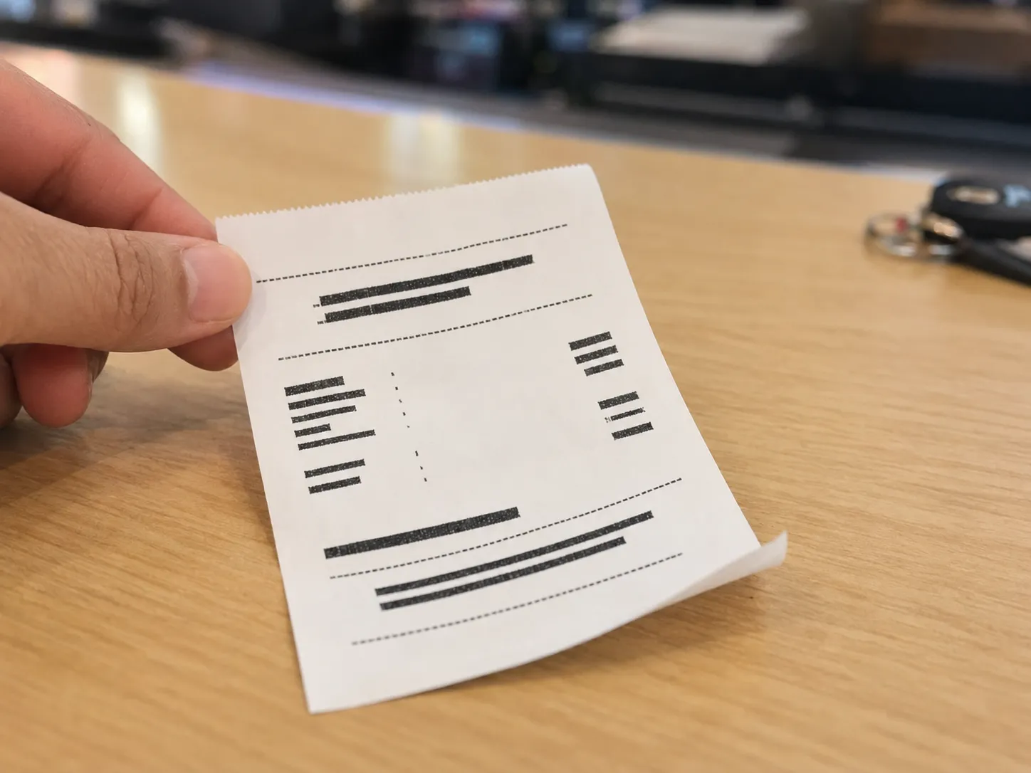 Representative illustration of a generic denied-return receipt slip with redacted details, held over a checkout counter to depict a future returns warning notice without showing brands or readable .