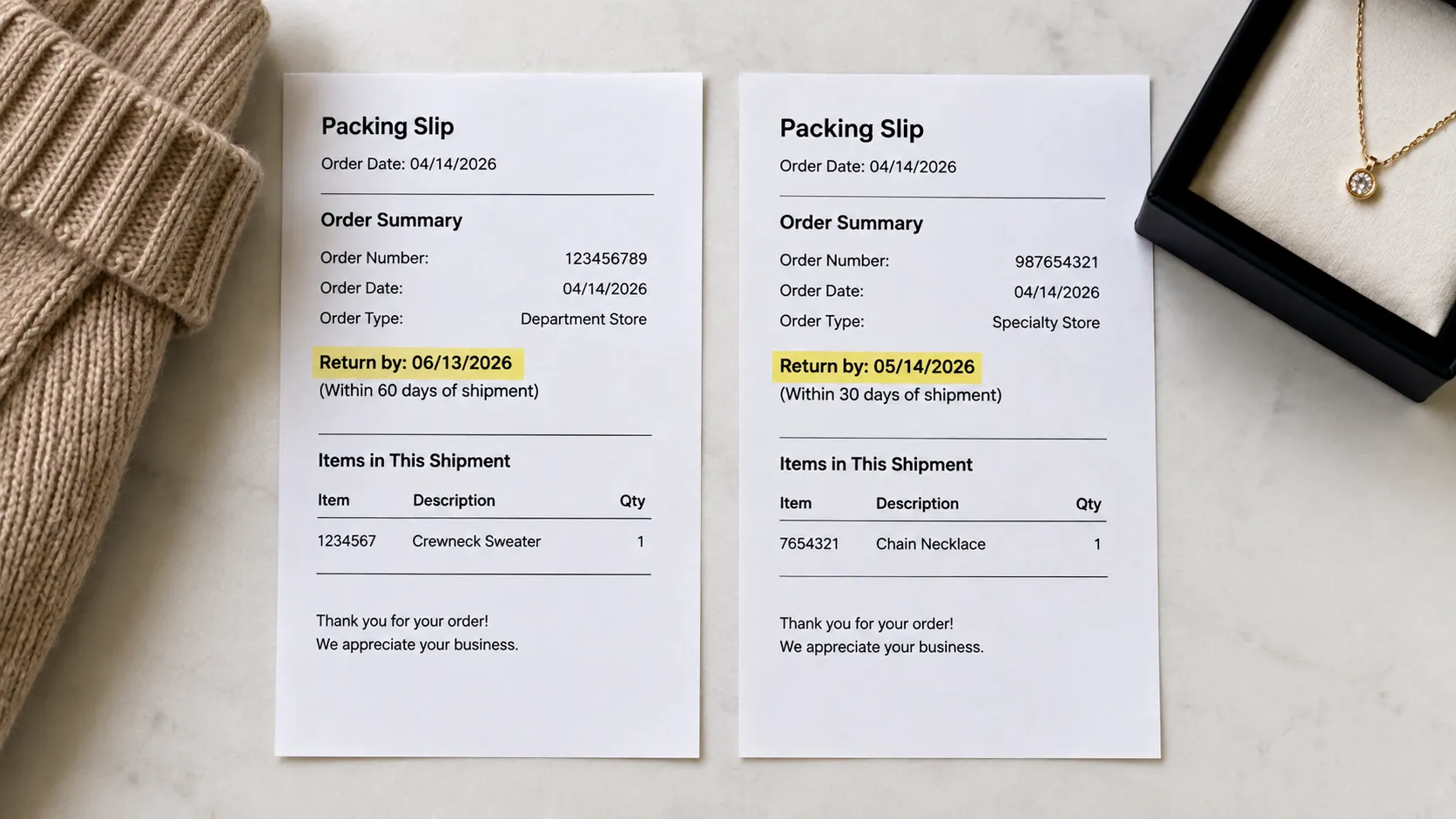 Two packing slips comparing department store and luxury online return windows.
