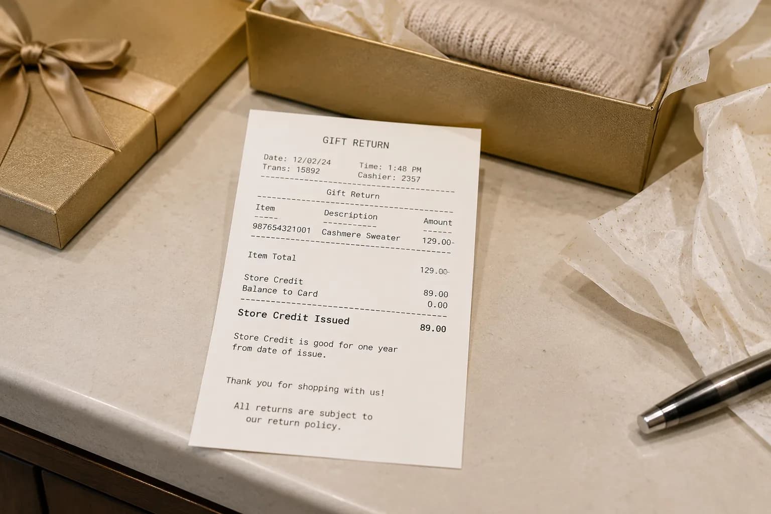 Dillard’s gift return receipt showing store credit at the item’s current price