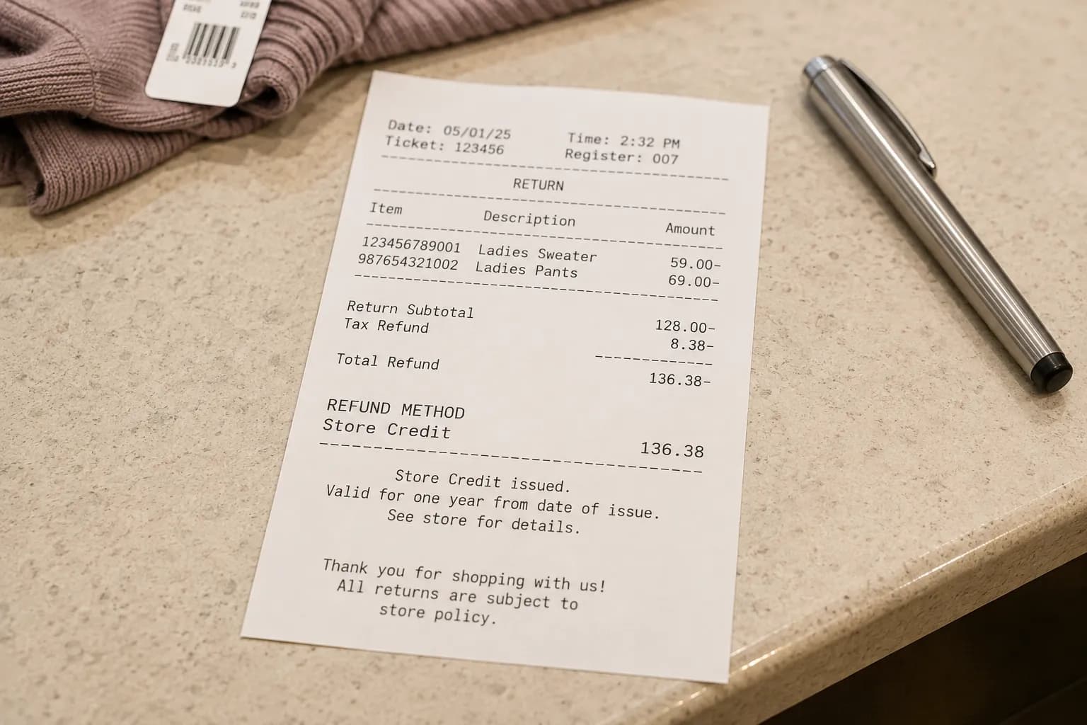 Dillard’s return receipt showing store credit after a late return attempt