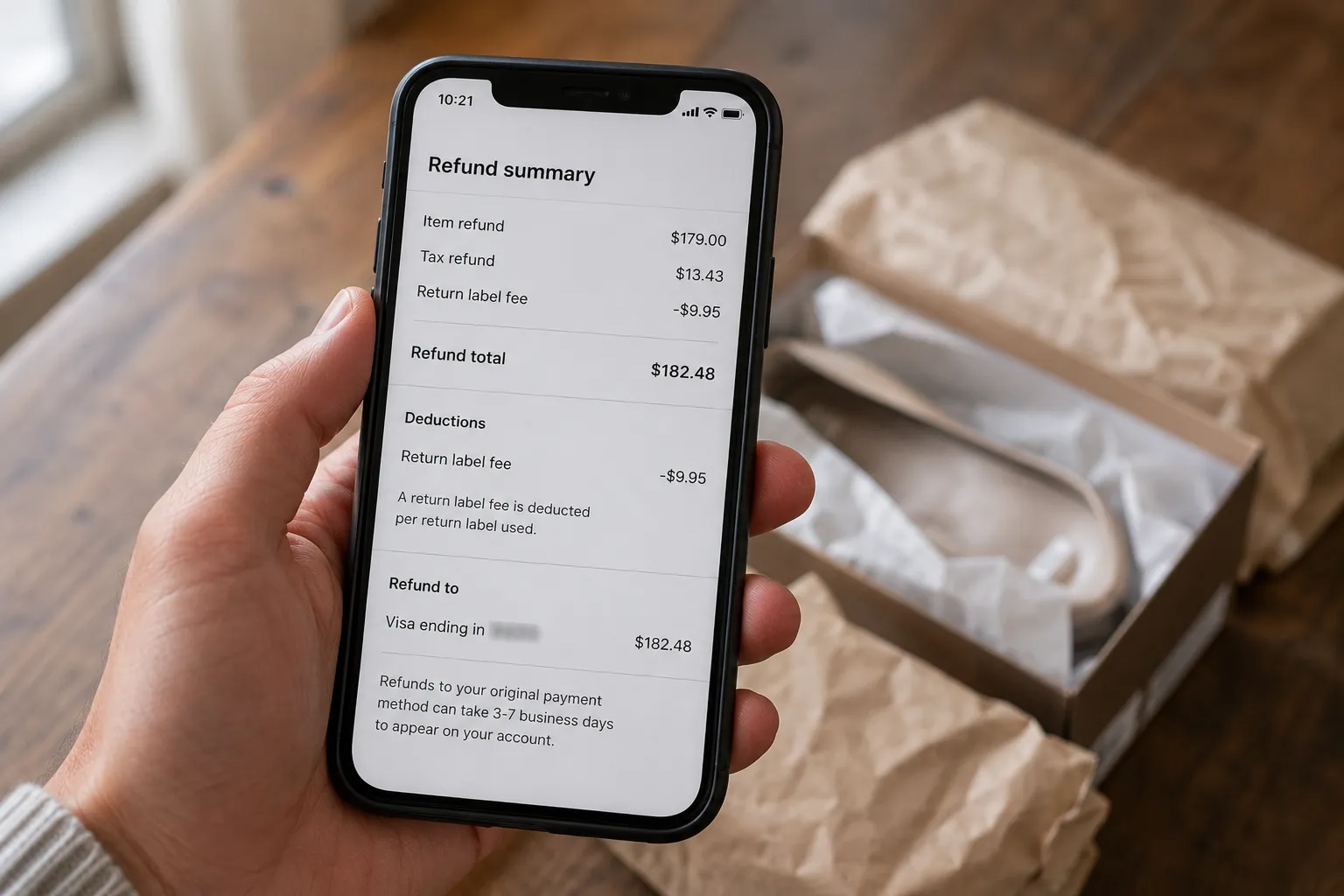 Dillard’s refund summary showing a 9.95 dollar return label fee deducted