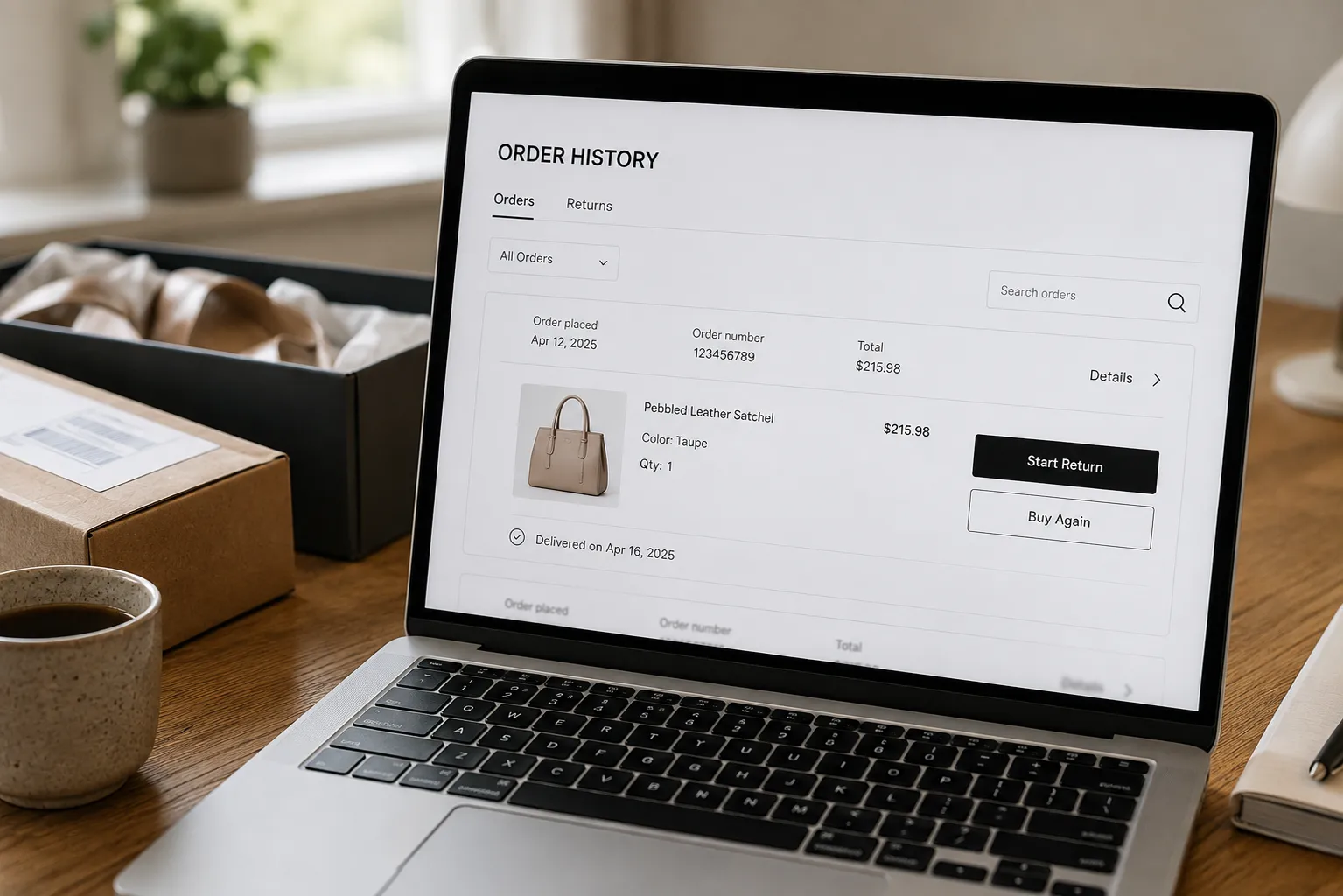 Dillard’s Start Return screen in online order history for a mail return