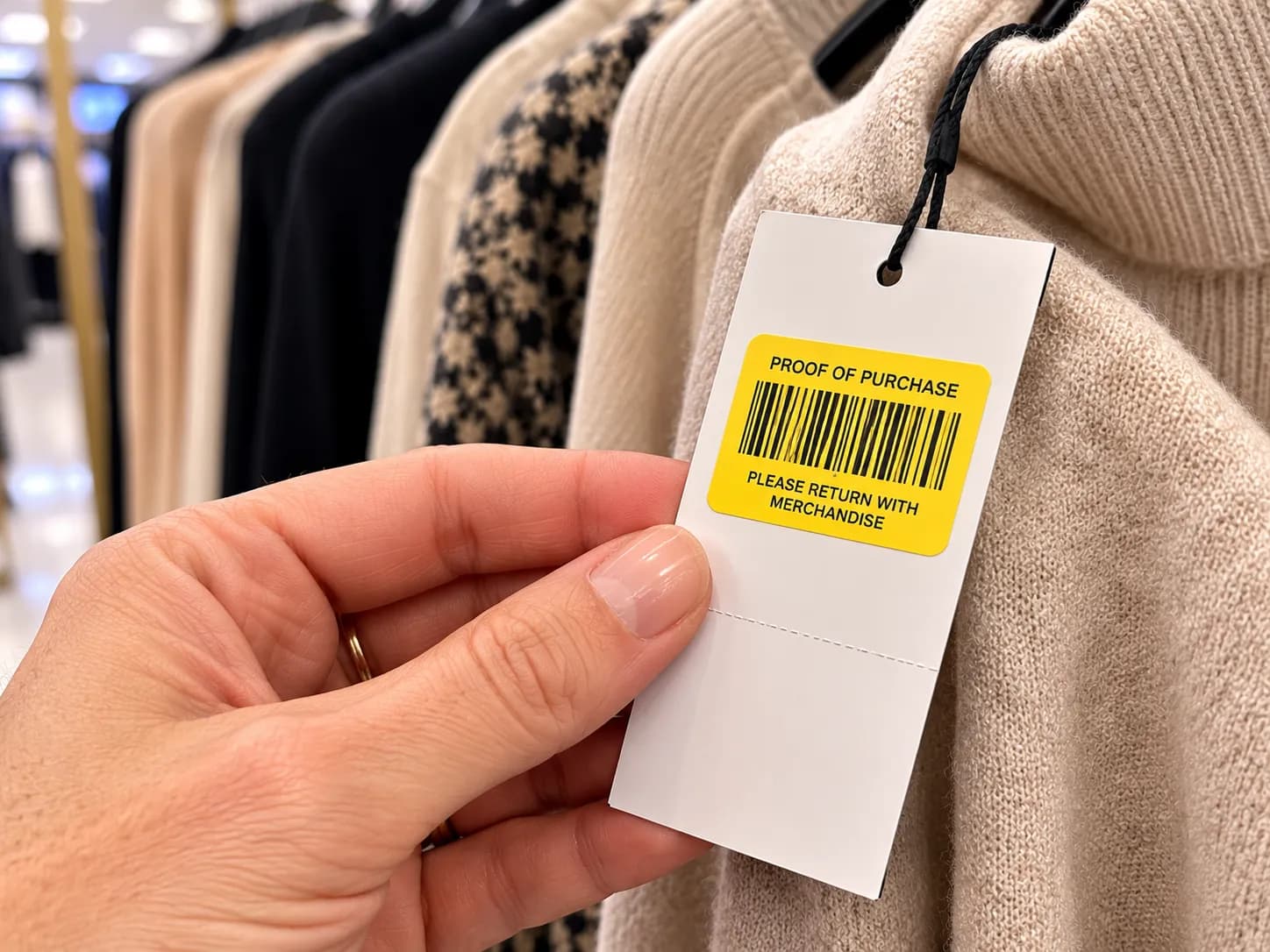 Yellow Dillard’s proof-of-purchase POP label attached to a garment hangtag