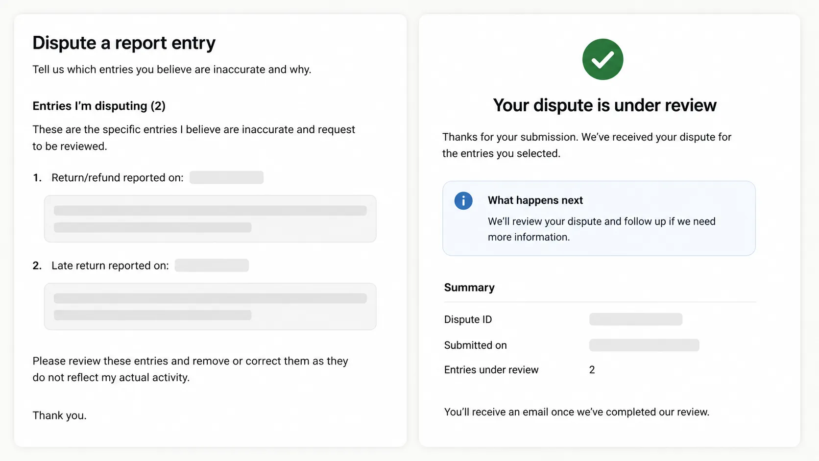 Split-screen mockup showing a dispute report entry submission with two redacted flagged items on the left and a confirmation stating the dispute is under review on the right.