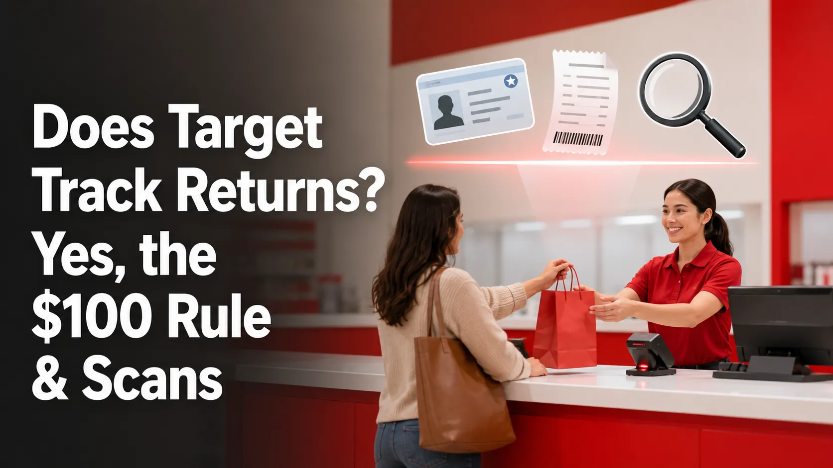 Editorial illustration of a retail returns counter with a shopper, ID card, receipt, magnifying glass, and scanner beam, representing how store returns are tracked through item verification and custom
