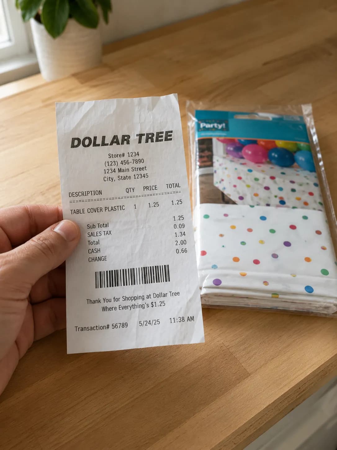 Hand holding a Dollar Tree receipt beside a sealed item past the 30-day return window.
