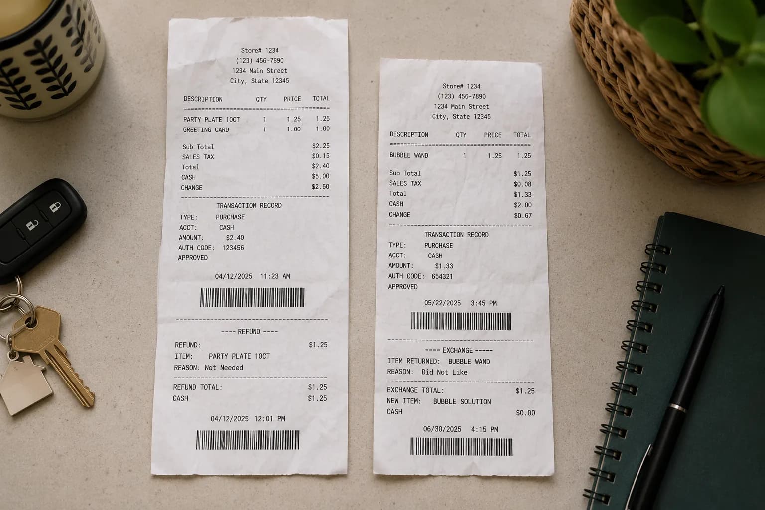 Two Dollar Tree receipts compared for refund with receipt versus exchange without receipt.