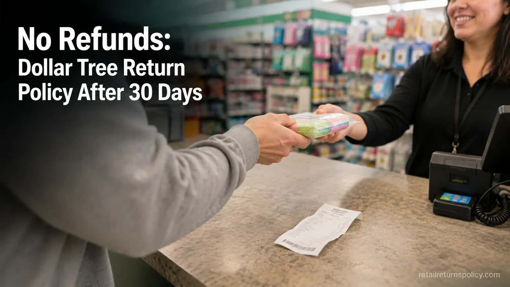 Shopper returning a sealed item at a discount store counter, illustrating the Dollar Tree return policy after 30 days.