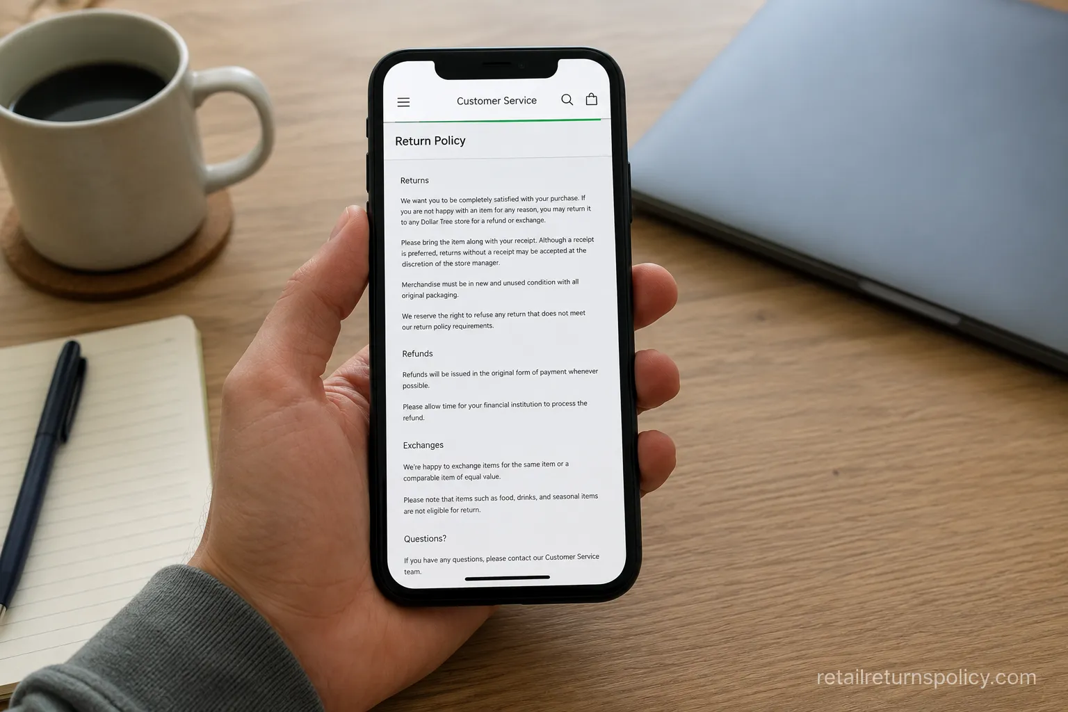 Phone showing a store return policy page with no stated time limit.