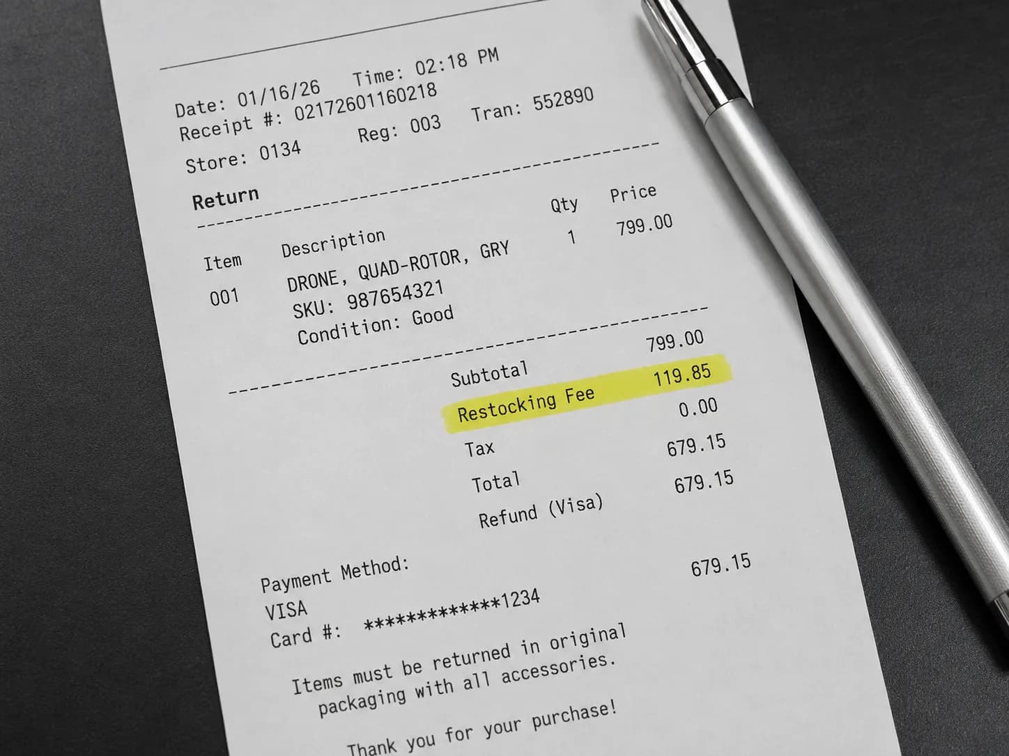 Representative illustration of a drone return receipt showing a highlighted restocking fee beneath the purchase price, with a silver pen on a dark surface under even lighting.