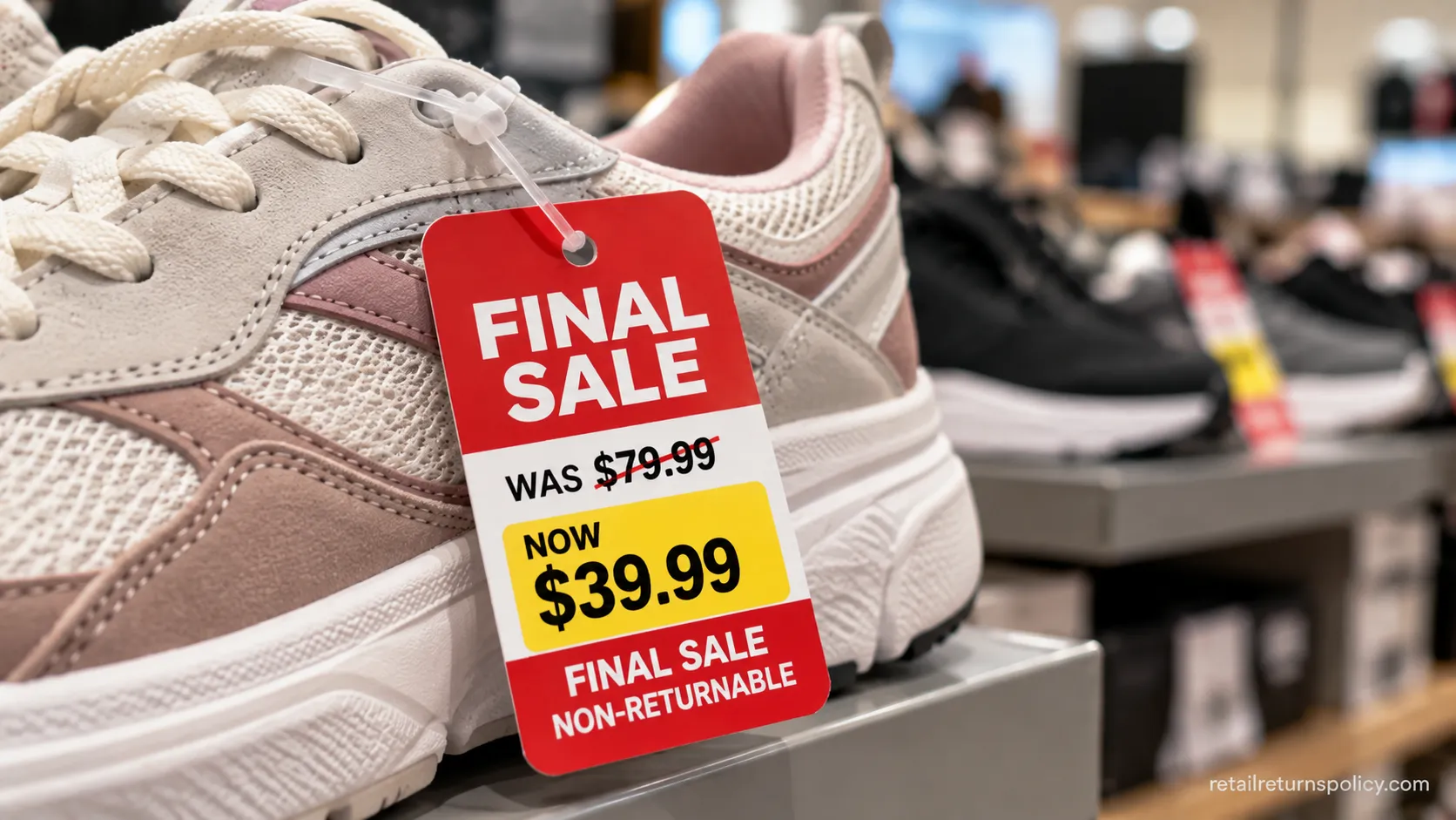 Close-up of a FINAL SALE tag on a discounted DSW shoe marking it non-returnable.