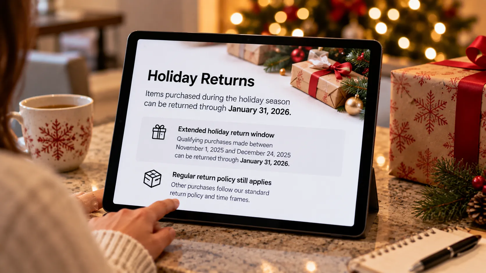 DSW holiday return policy notice on a tablet showing the current-season gift return deadline