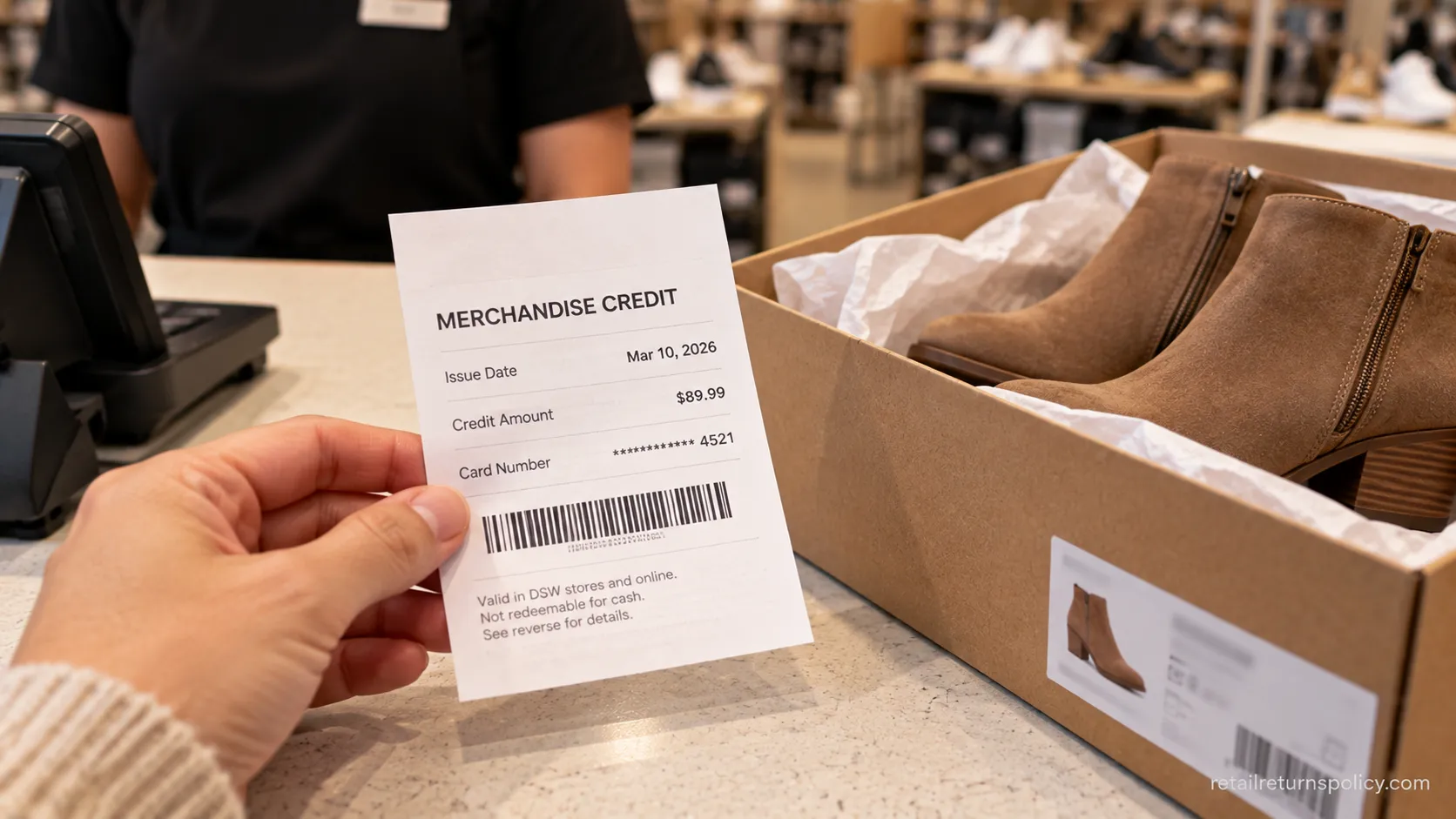 DSW merchandise credit slip on a counter beside a returned shoe box after a no-receipt return.