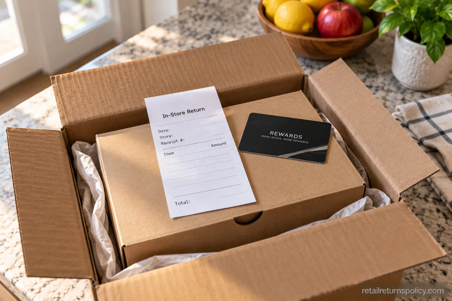 A shoebox in a shipping box with a dated in-store return receipt on top