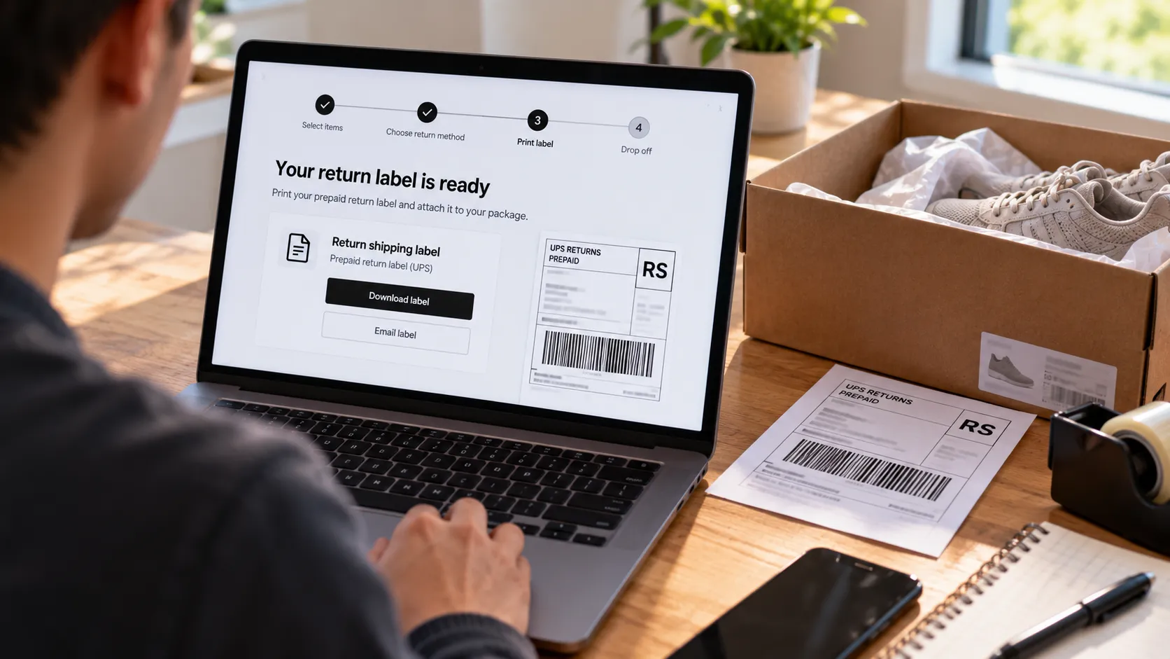 DSW online return portal on a laptop at the step that generates a prepaid return label.
