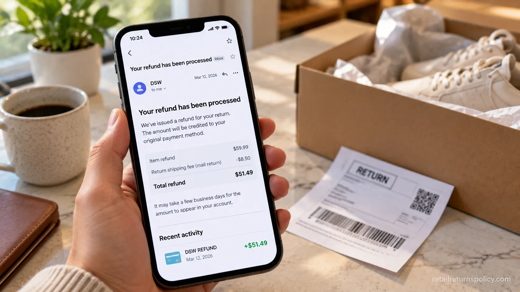 DSW refund confirmation on a phone showing the 8.50 mail-return shipping fee deducted.